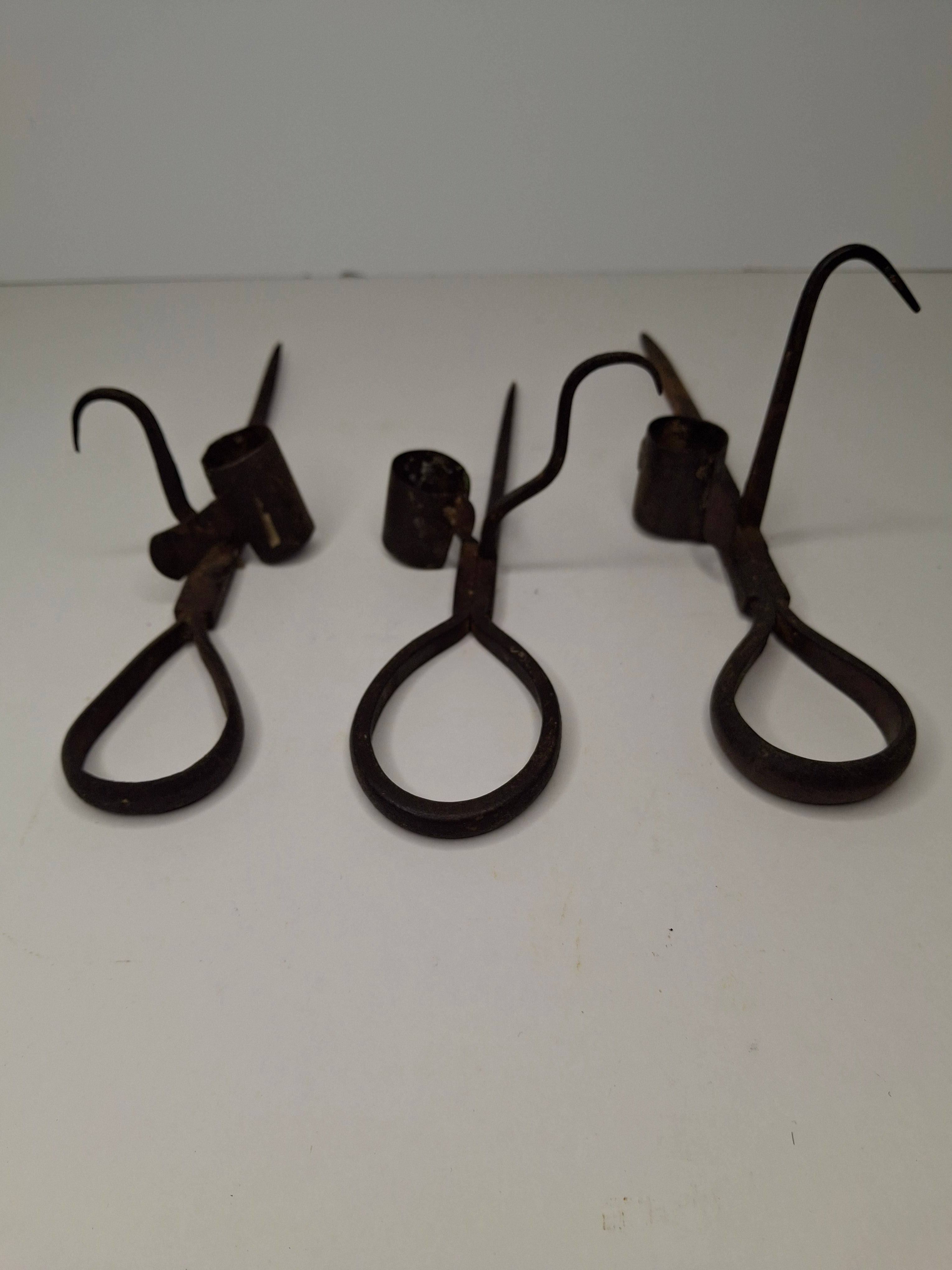 Lot of 3 Antique 19thC Hand Forged Miner's Sticking Tommy Candle Holders Mining