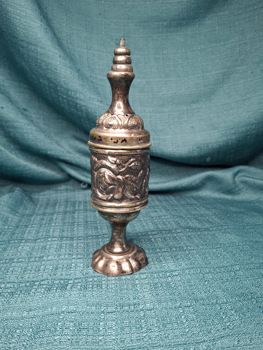 Antique 19thC Repoussé Besamim Spice Tower - Hebrew Inscription - Judaica Havdalah