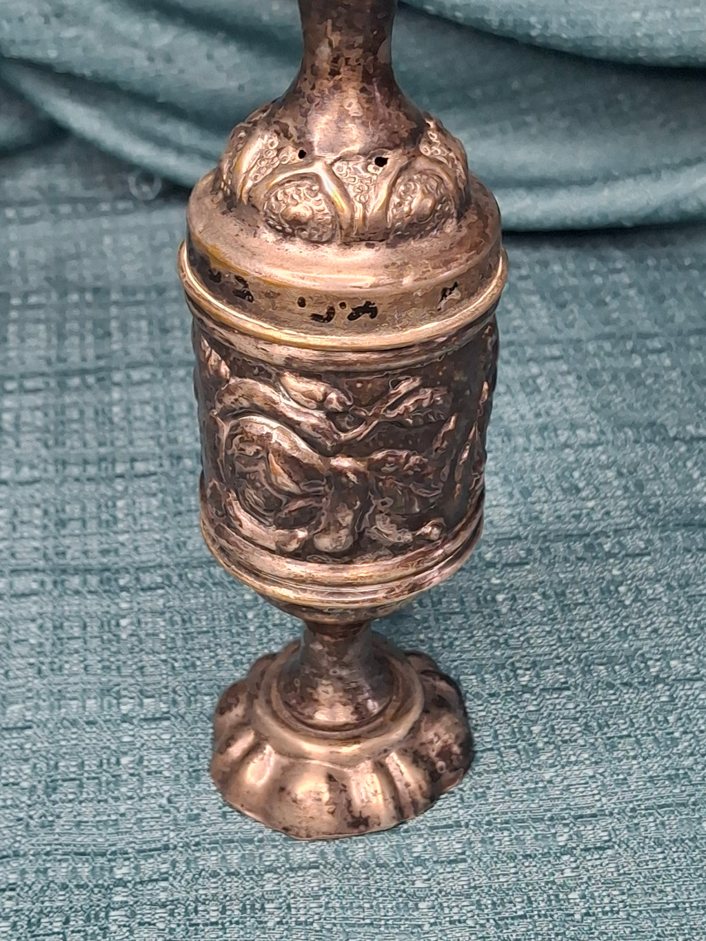 Antique 19thC Repoussé Besamim Spice Tower - Hebrew Inscription - Judaica Havdalah