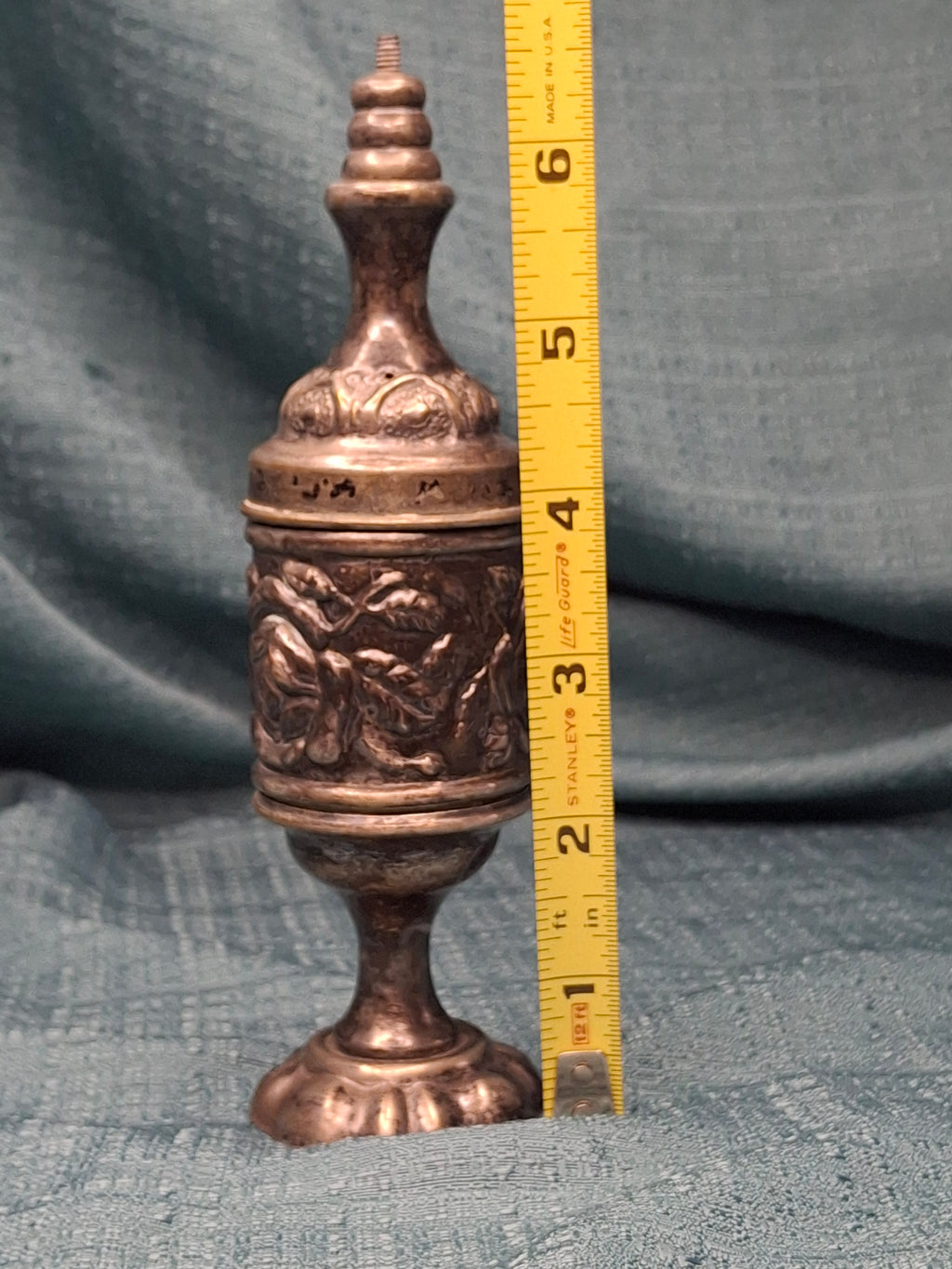 Antique 19thC Repoussé Besamim Spice Tower - Hebrew Inscription - Judaica Havdalah