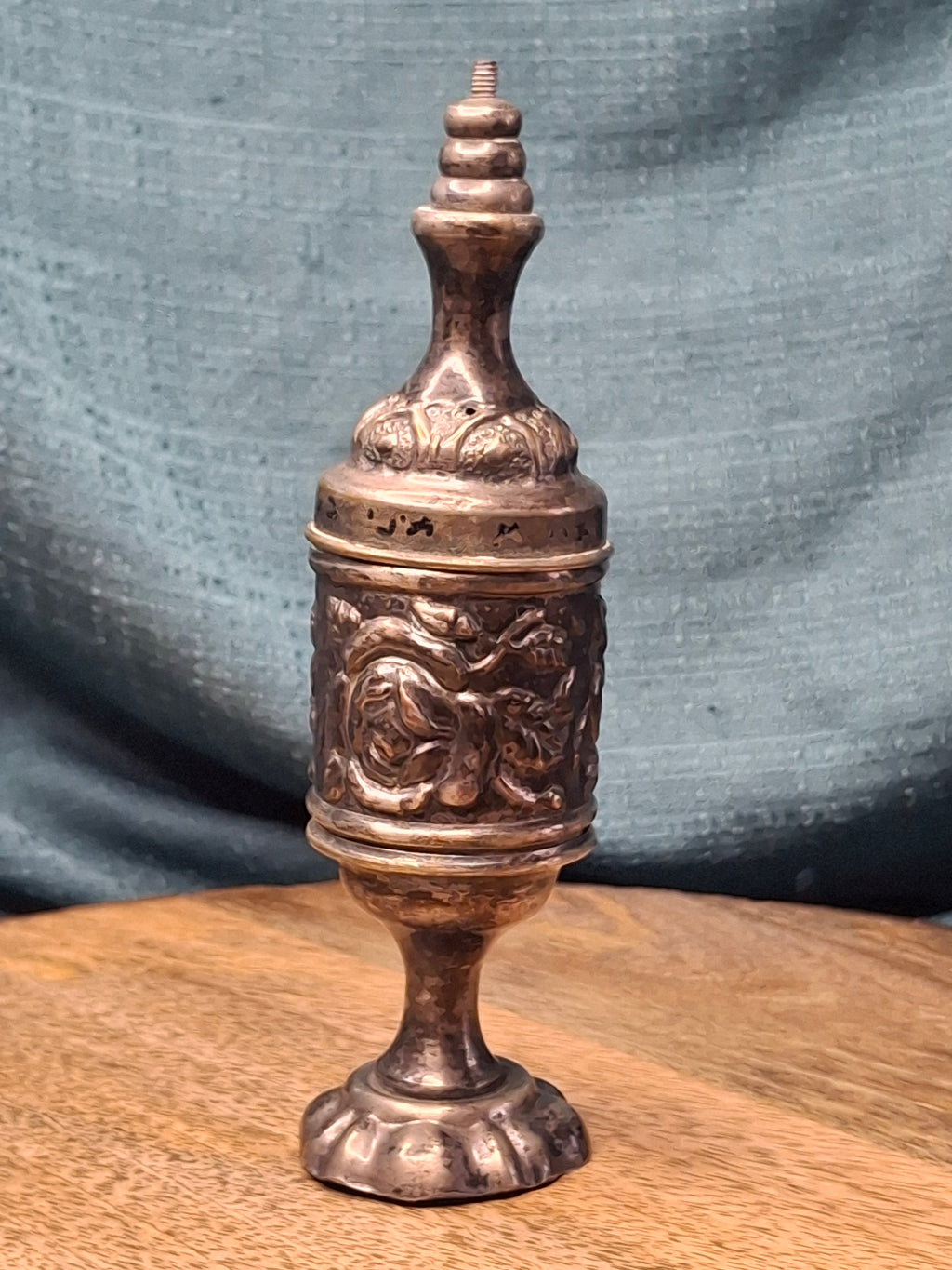 Antique 19thC Repoussé Besamim Spice Tower - Hebrew Inscription - Judaica Havdalah