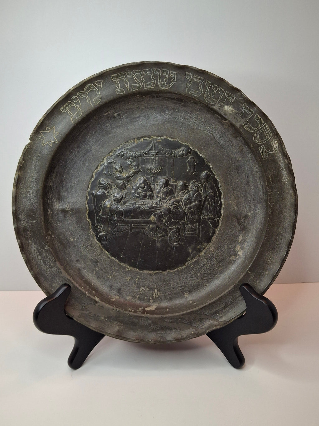 18th Century Continental Pewter Sukkot Festival Charger - Rare Sukkah Scene & Hebrew Calligraphy