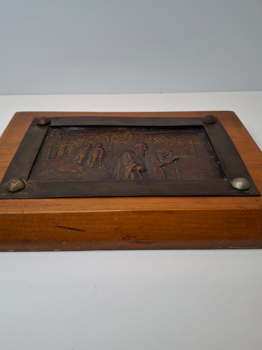 Antique Bezalel Jerusalem Copper Relief Plaque Western Wall Mandate Palestine c. 1920s Judaica
