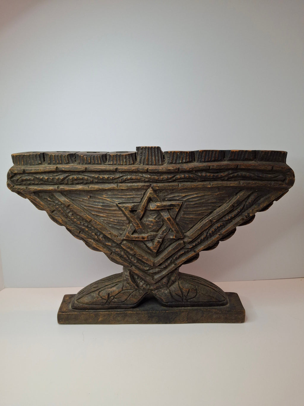 Vintage Hand Carved Wood Menorah High Relief Star of David Signed Sepe Judaica