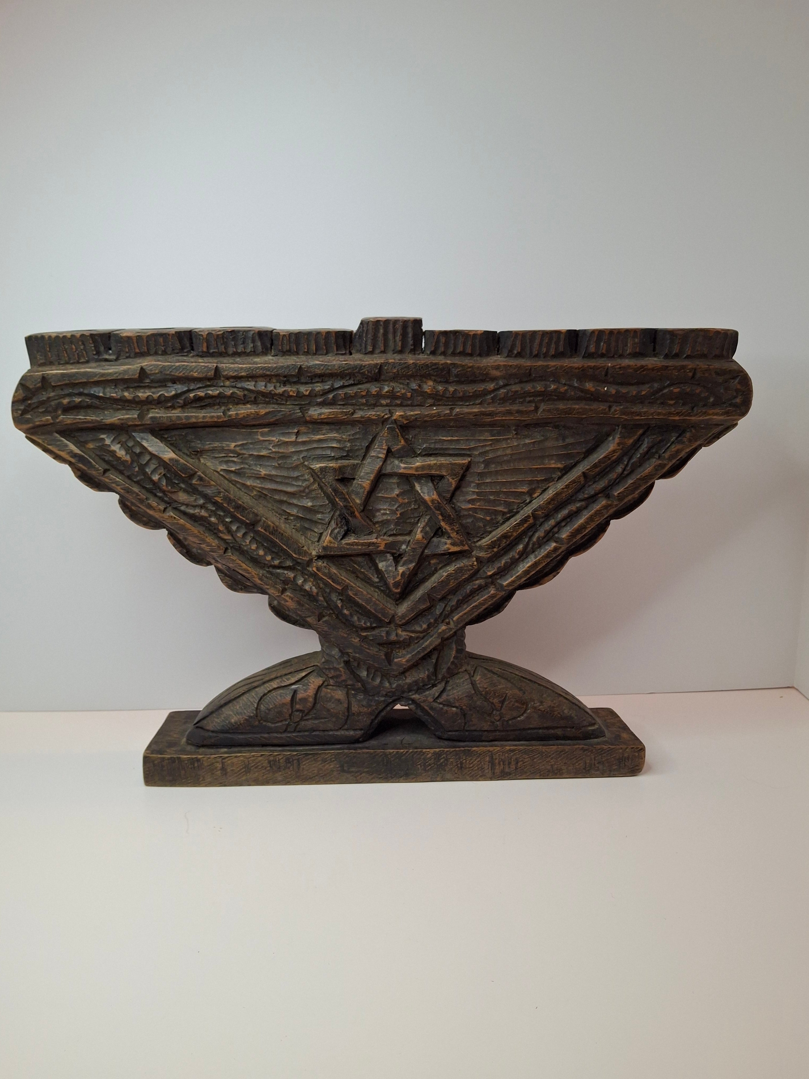 Vintage Hand Carved Wood Menorah High Relief Star of David Signed Sepe Judaica