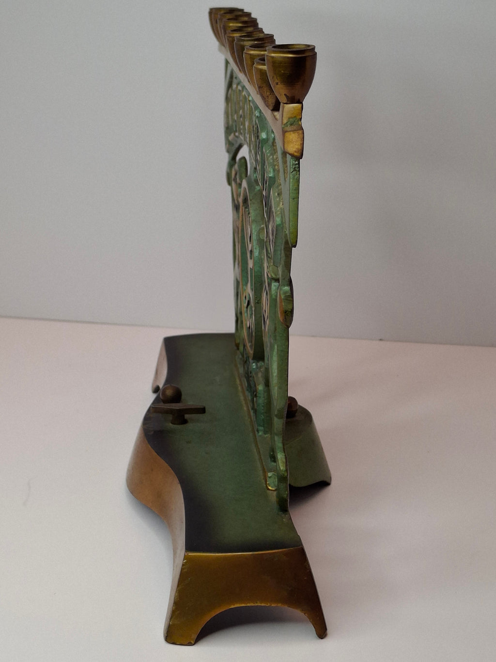 Vintage Musical Israel Brass Hannukah Menorah Thorens Movement 12 Tribes Lions Chanukiah