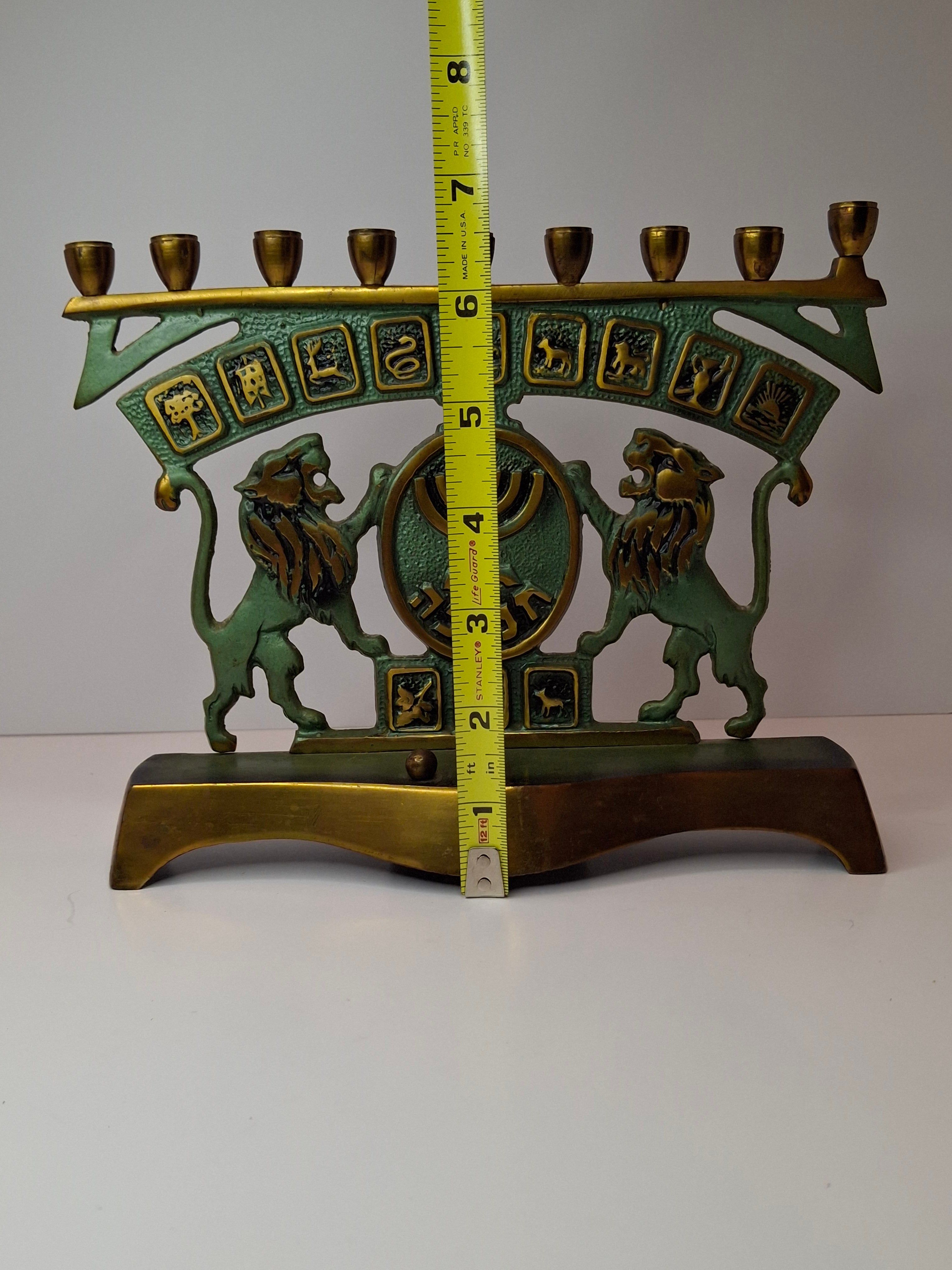 Vintage Musical Israel Brass Hannukah Menorah Thorens Movement 12 Tribes Lions Chanukiah