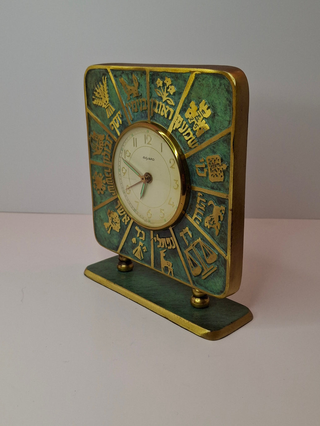 Vintage Bayard Fantasia Israel Brass Clock 12 Tribes of Israel Verdigris Judaica