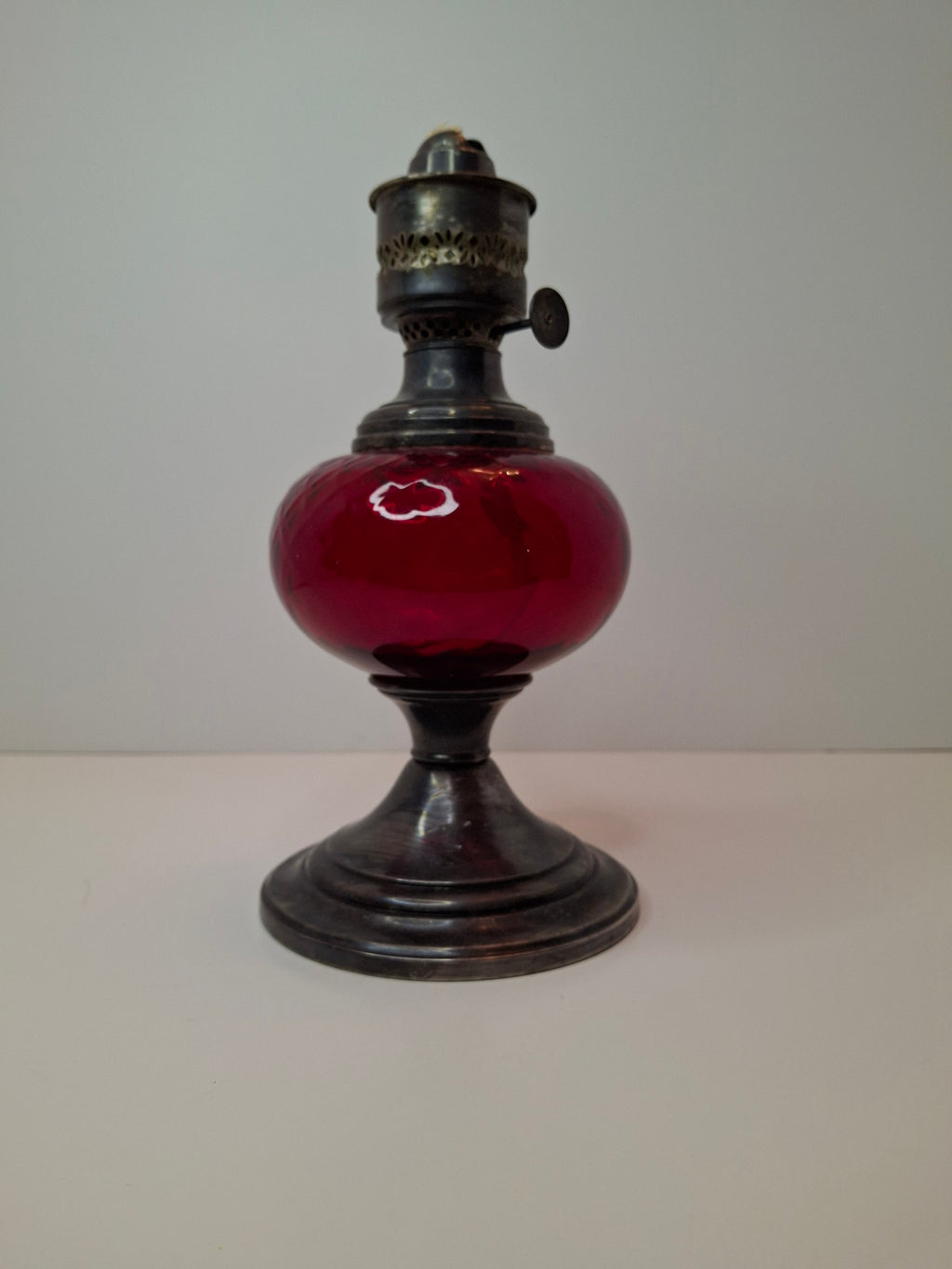 Antique Gorham Silver Plate & Cranberry Glass Oil Lamp P&A Dorset Burner 8"