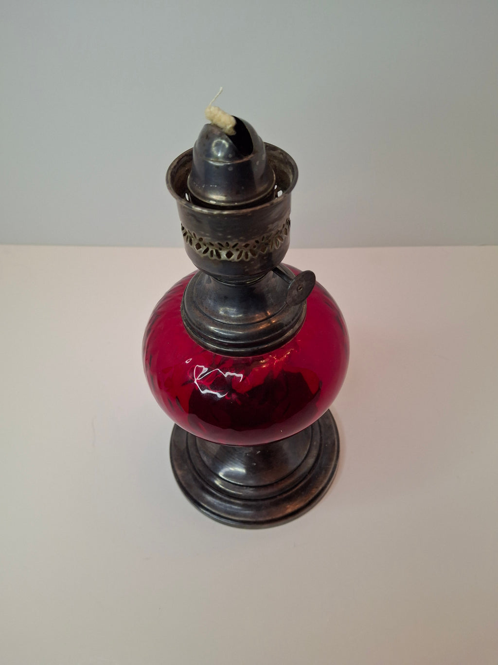 Antique Gorham Silver Plate & Cranberry Glass Oil Lamp P&A Dorset Burner 8"