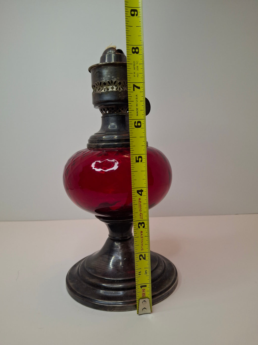 Antique Gorham Silver Plate & Cranberry Glass Oil Lamp P&A Dorset Burner 8"