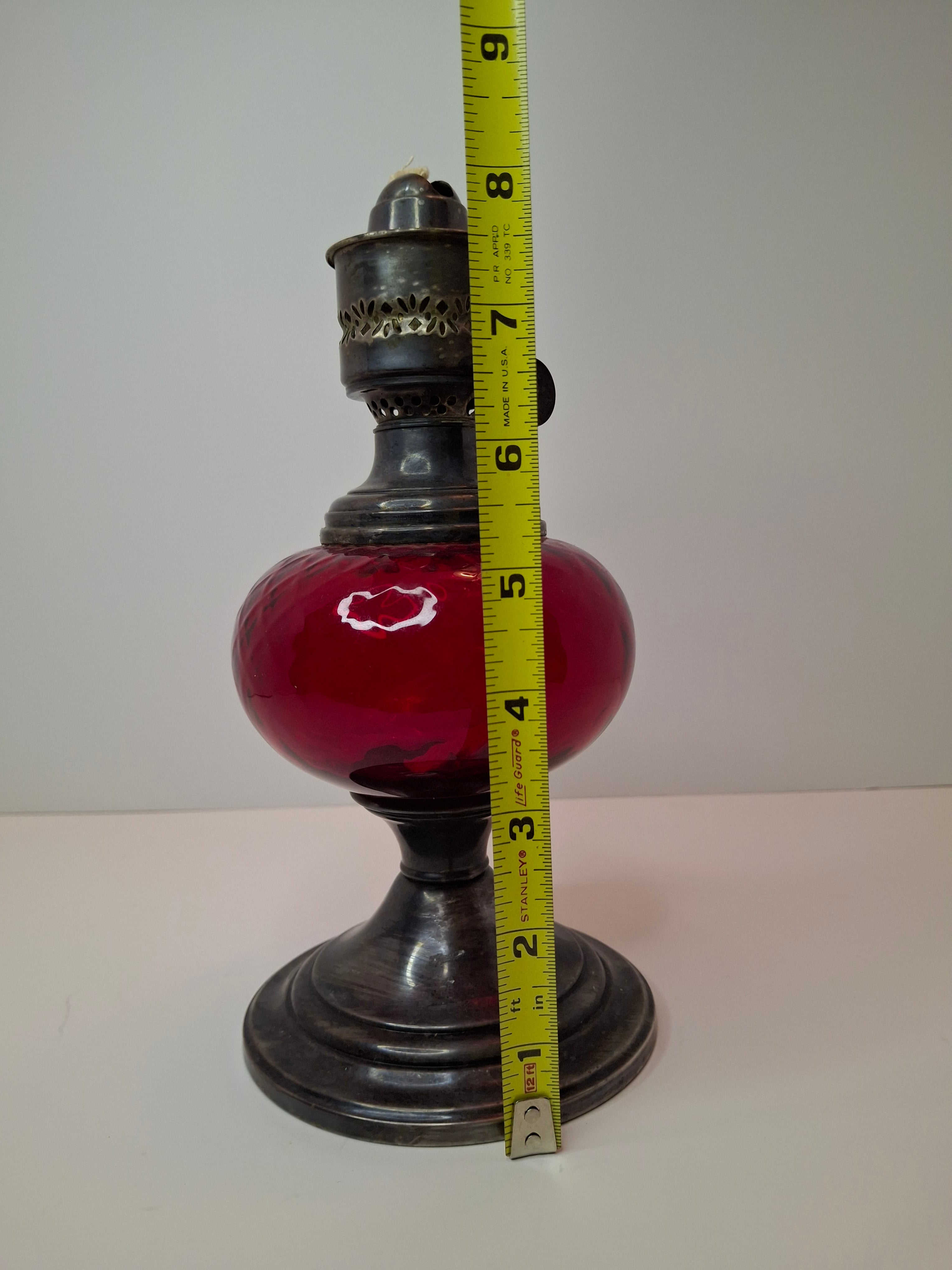 Antique Gorham Silver Plate & Cranberry Glass Oil Lamp P&A Dorset Burner 8"