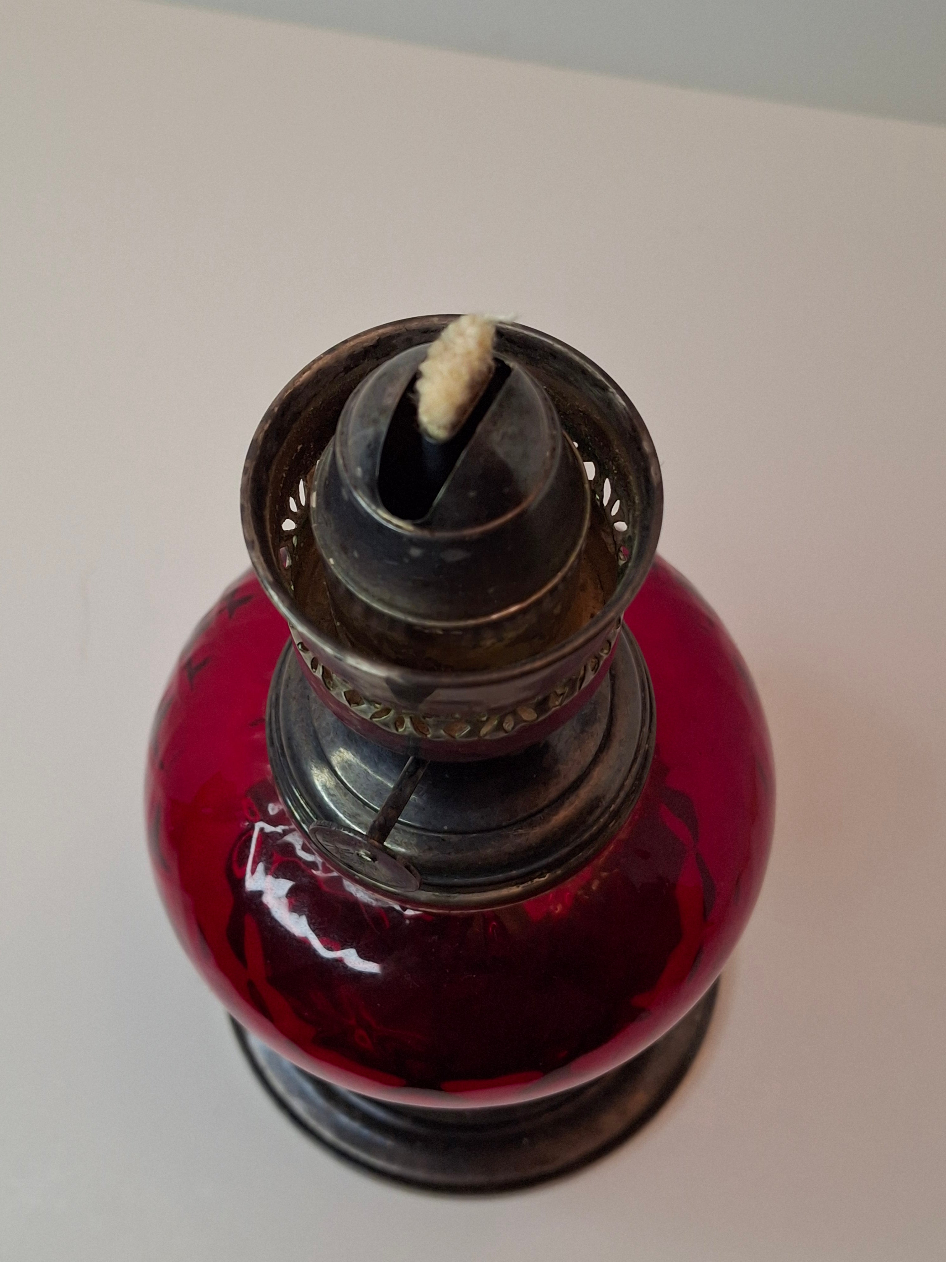 Antique Gorham Silver Plate & Cranberry Glass Oil Lamp P&A Dorset Burner 8"