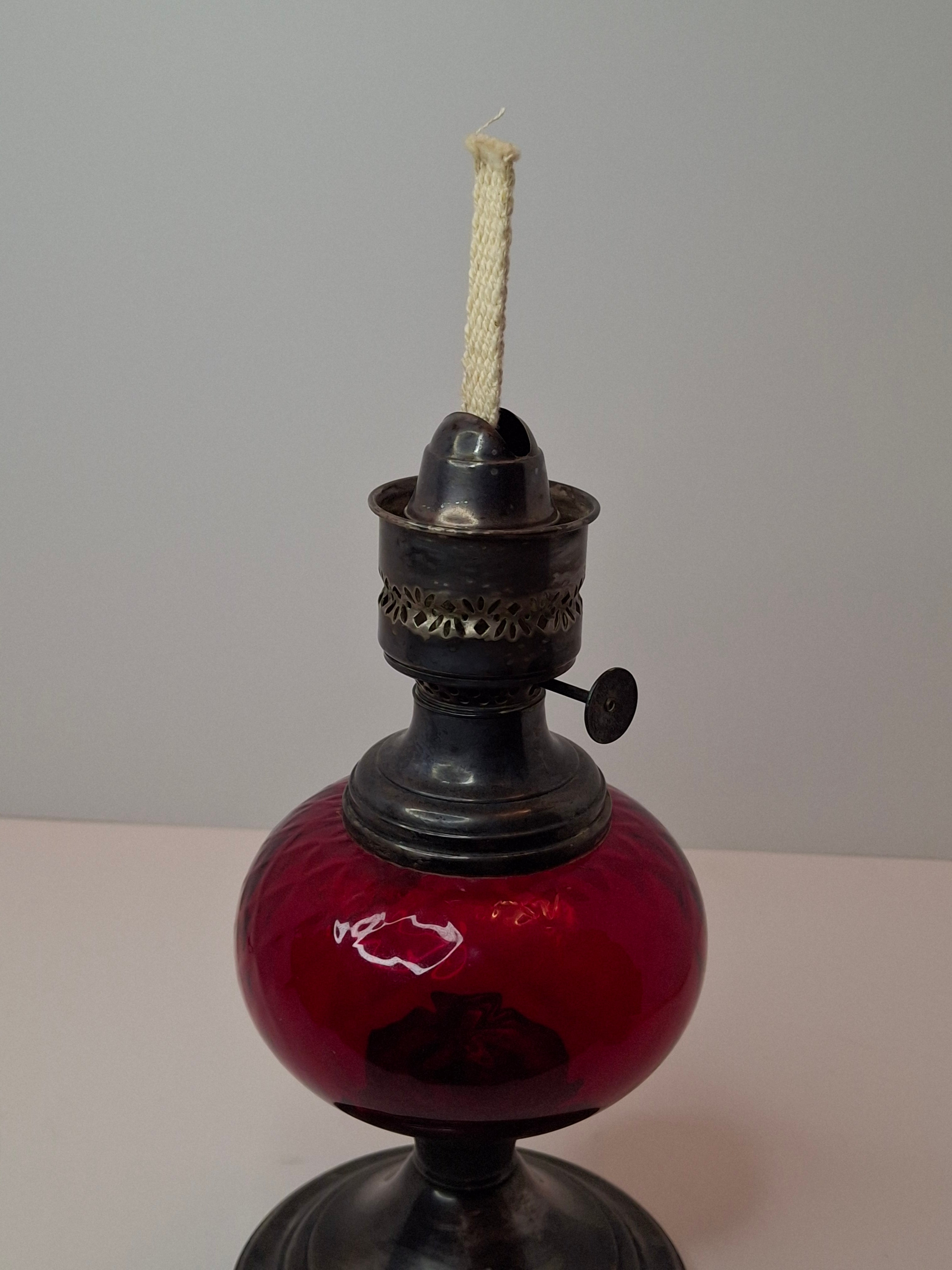 Antique Gorham Silver Plate & Cranberry Glass Oil Lamp P&A Dorset Burner 8"