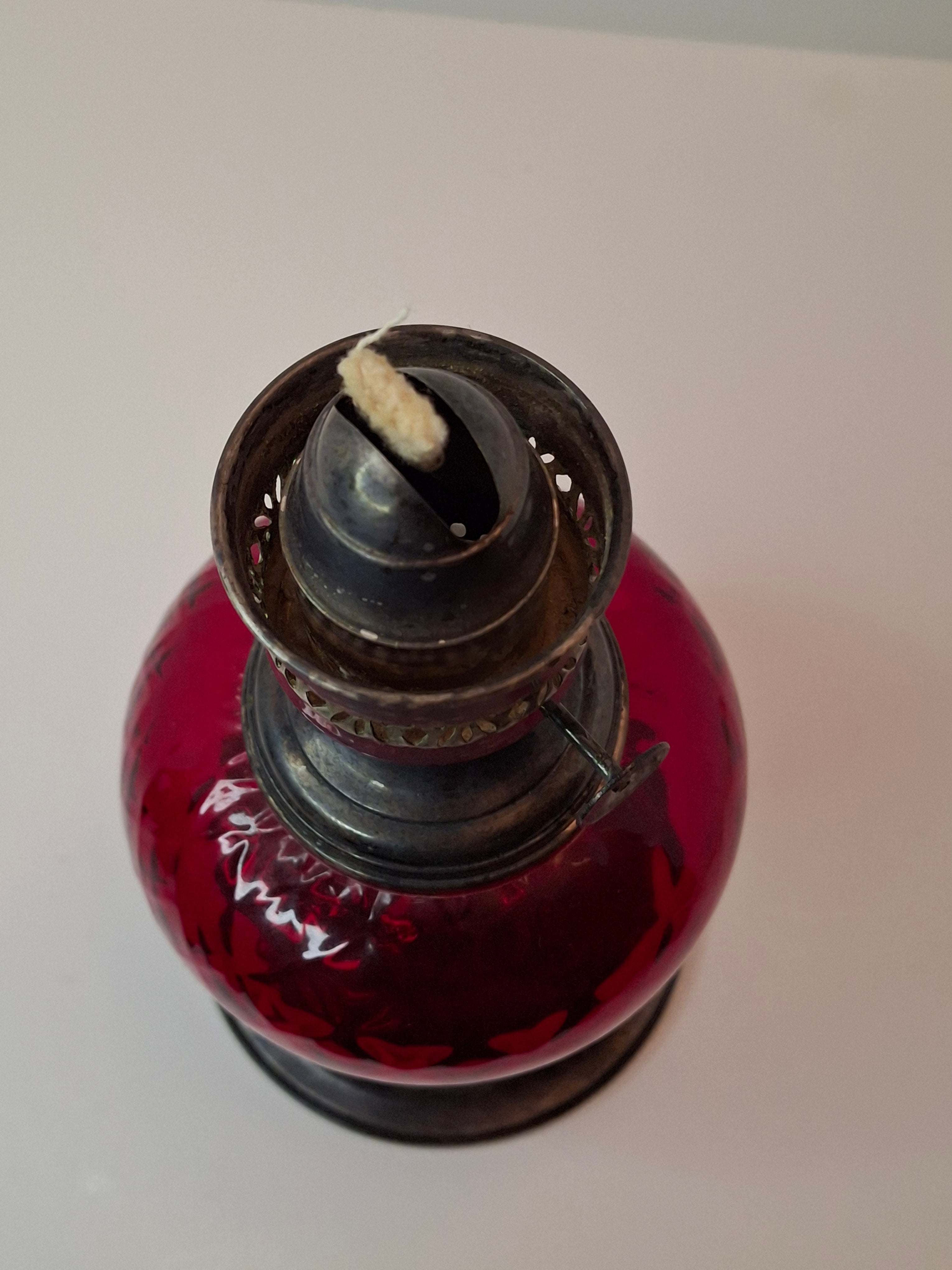 Antique Gorham Silver Plate & Cranberry Glass Oil Lamp P&A Dorset Burner 8"