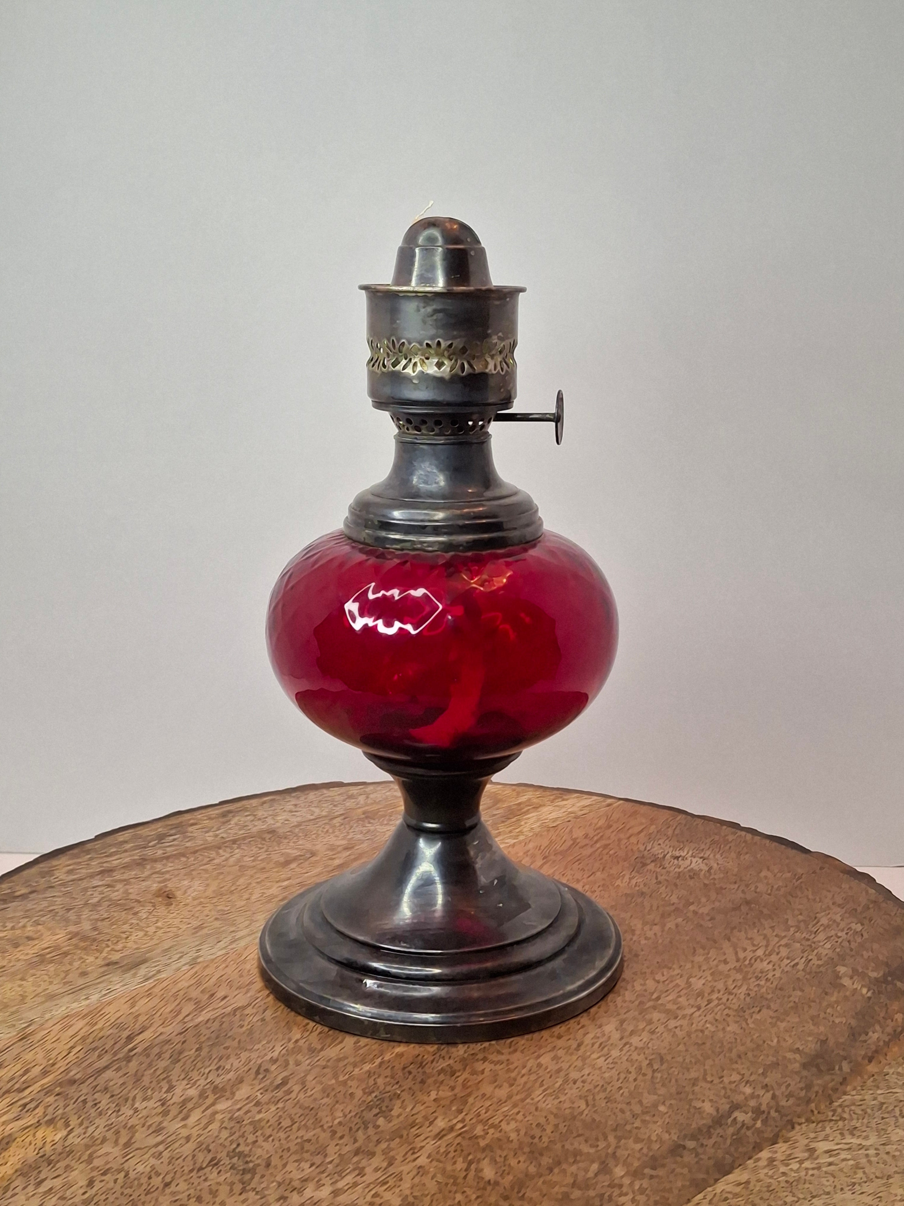 Antique Gorham Silver Plate & Cranberry Glass Oil Lamp P&A Dorset Burner 8"