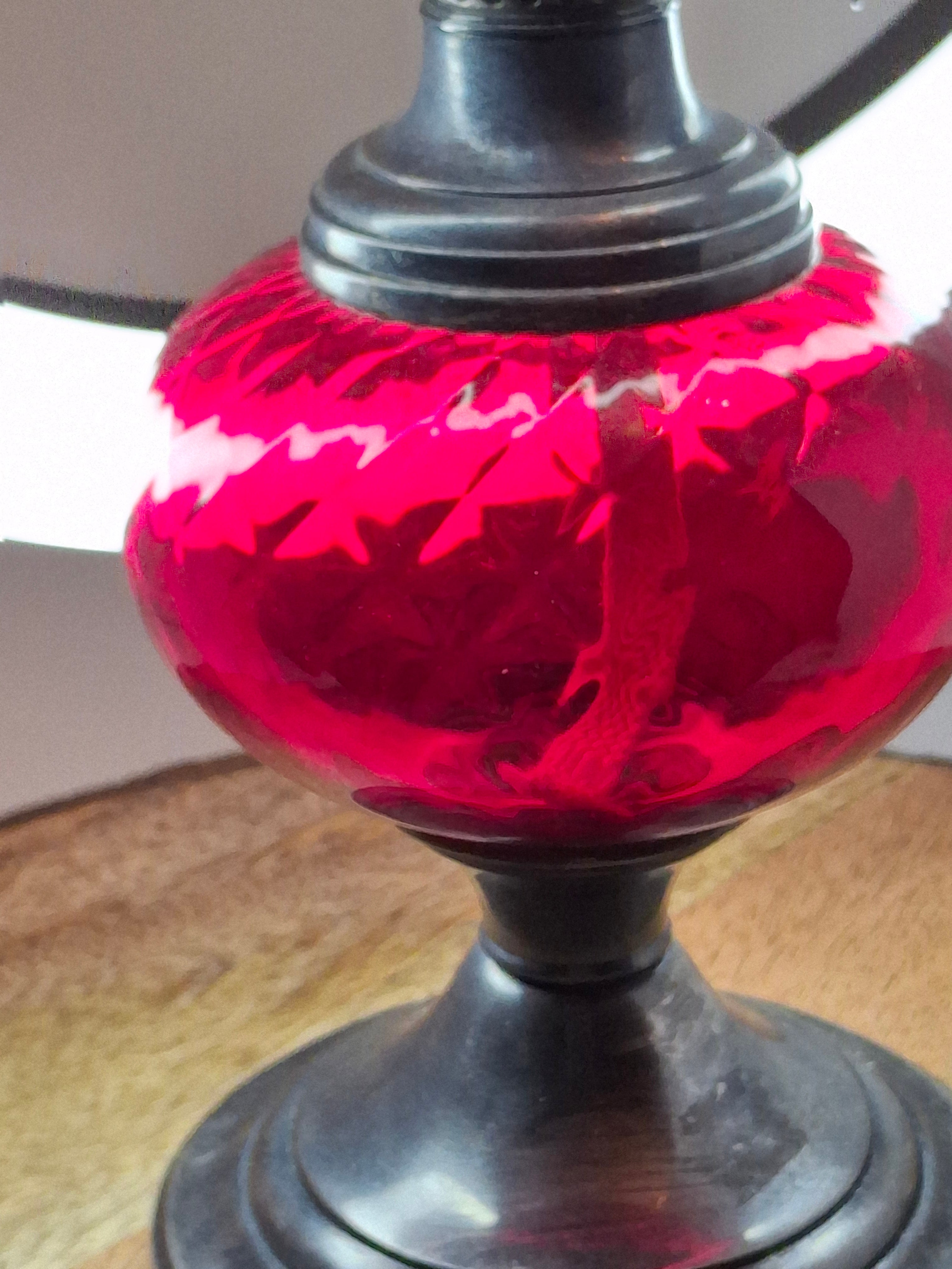 Antique Gorham Silver Plate & Cranberry Glass Oil Lamp P&A Dorset Burner 8"