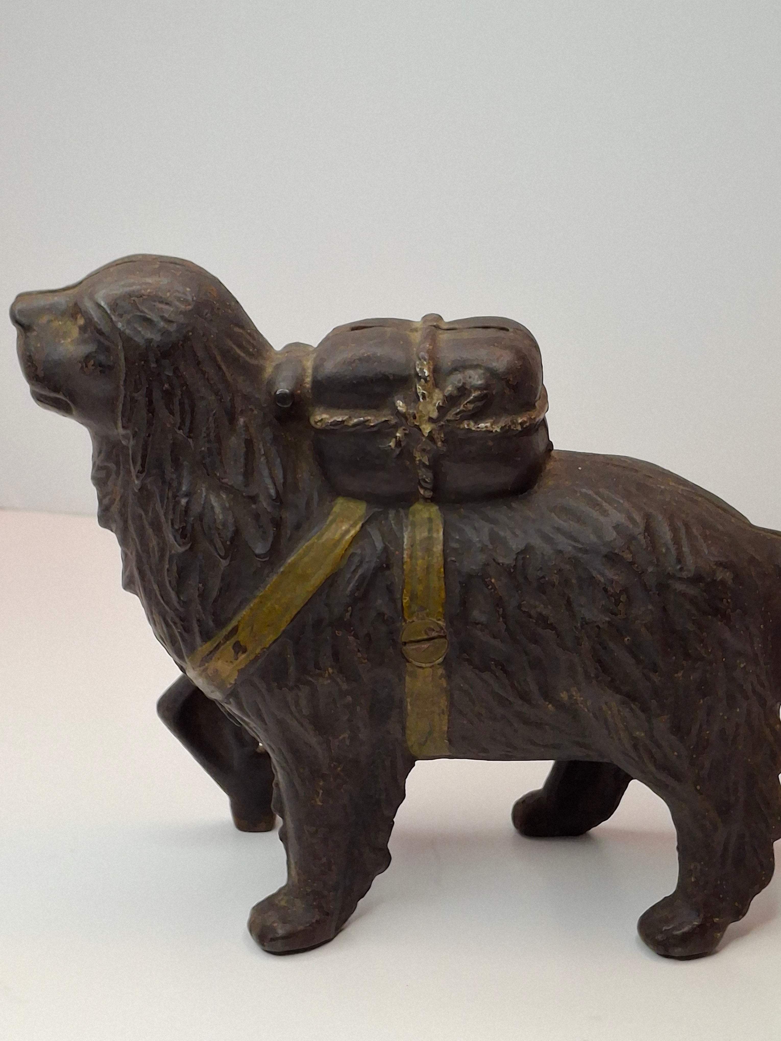 Antique A.C. Williams Cast Iron St. Bernard Dog with Pack Still Bank c. 1910