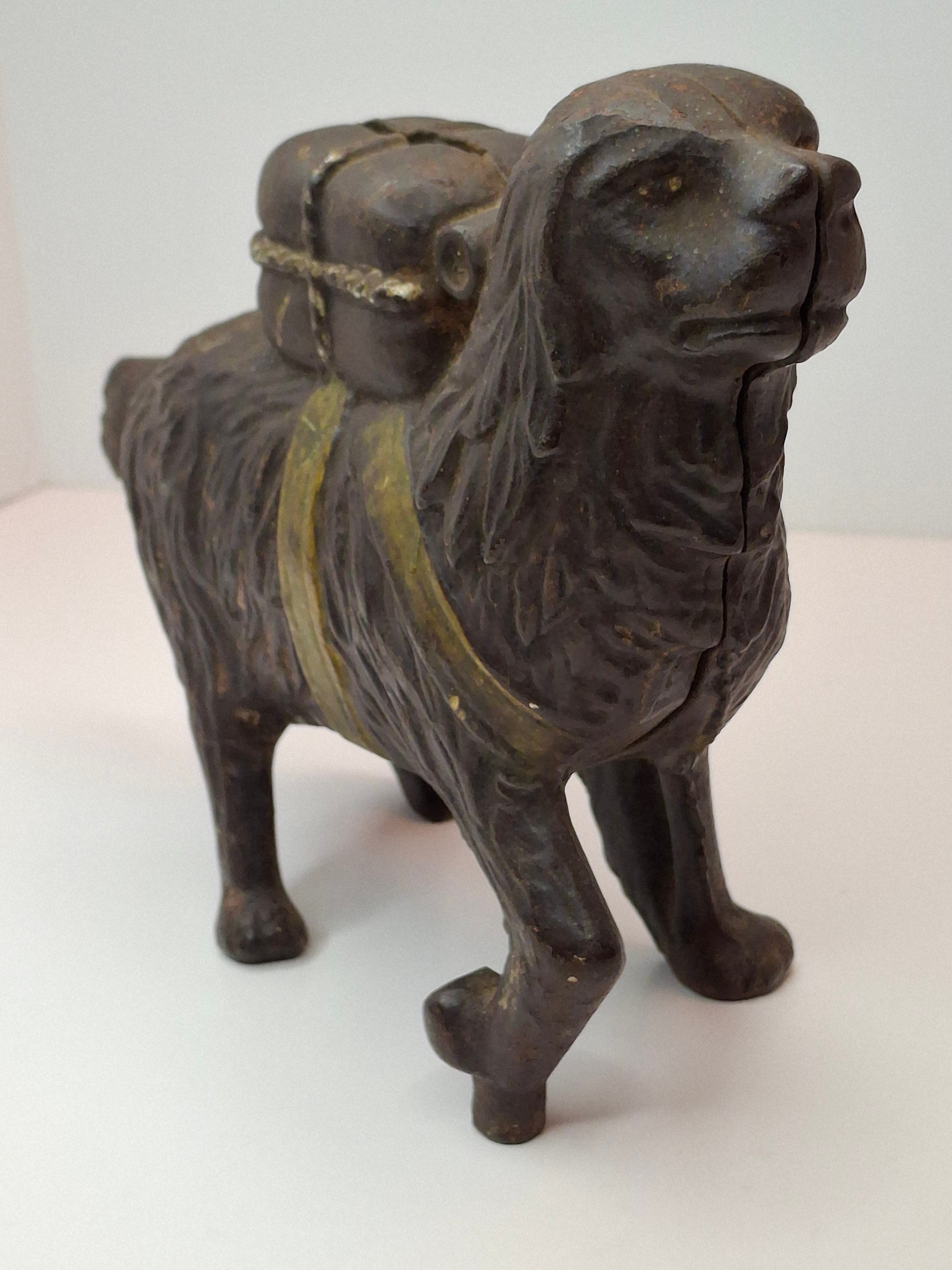 Antique A.C. Williams Cast Iron St. Bernard Dog with Pack Still Bank c. 1910