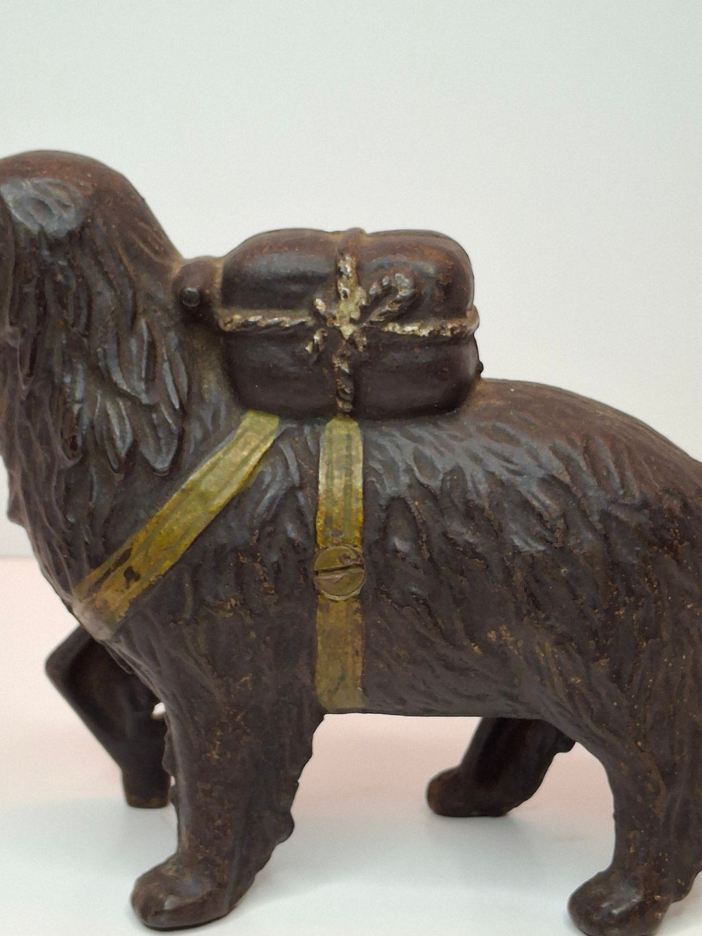 Antique A.C. Williams Cast Iron St. Bernard Dog with Pack Still Bank c. 1910