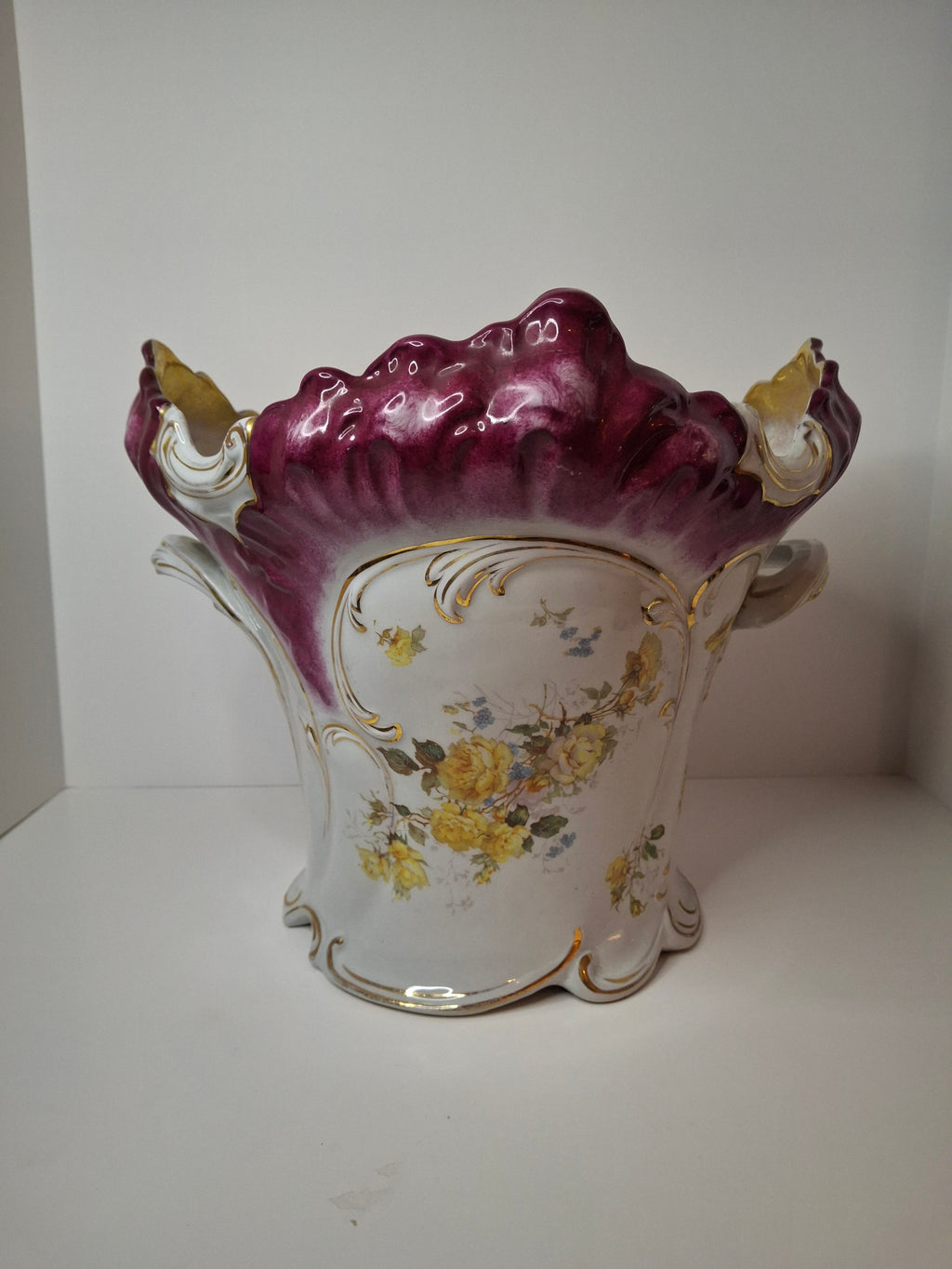 Antique Victorian Porcelain Jardinière Planter Centerpiece Yellow Roses Gold Gilt Plum 11"
