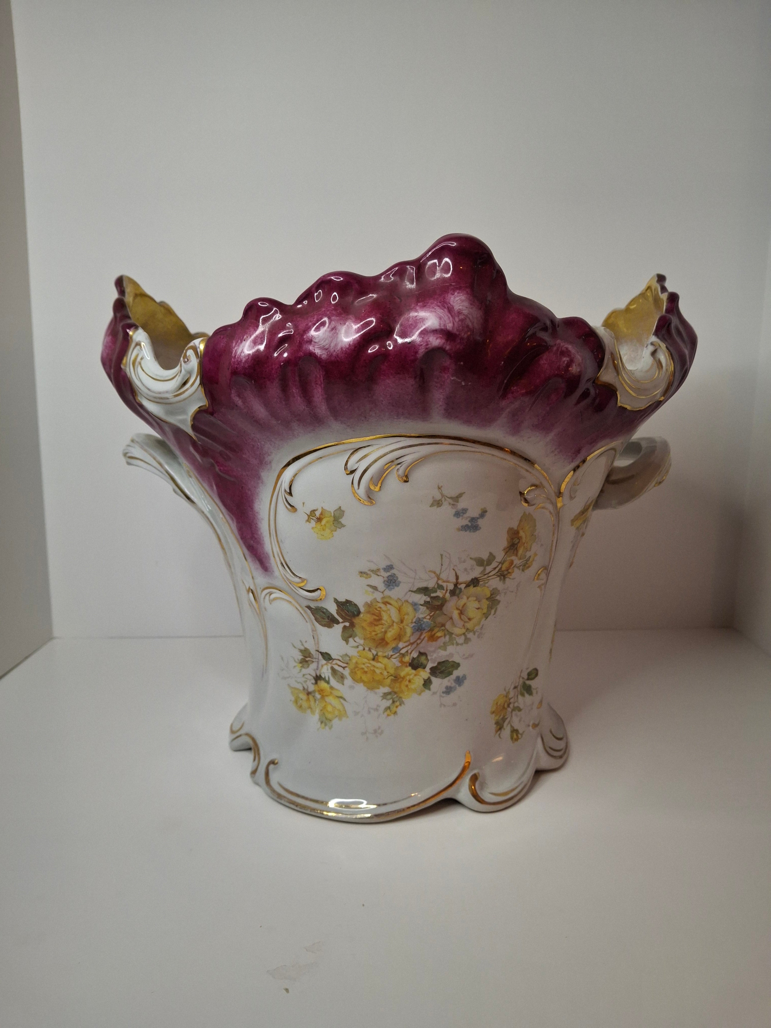 Antique Victorian Porcelain Jardinière Planter Centerpiece Yellow Roses Gold Gilt Plum 11"