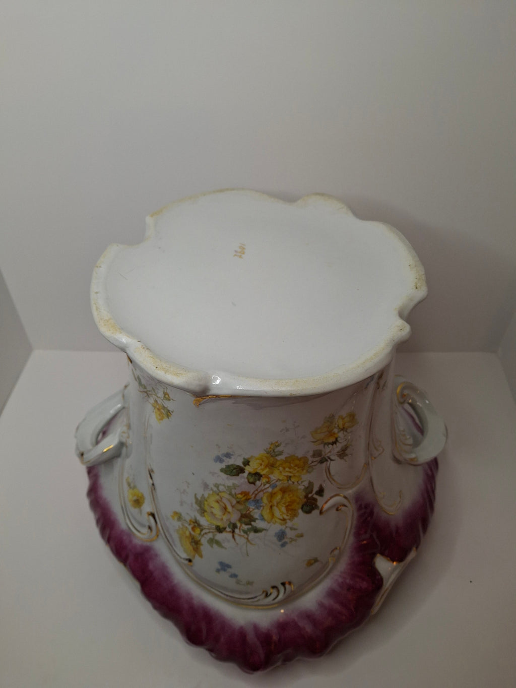 Antique Victorian Porcelain Jardinière Planter Centerpiece Yellow Roses Gold Gilt Plum 11"