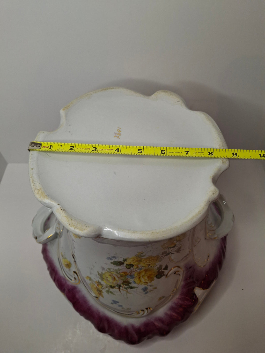 Antique Victorian Porcelain Jardinière Planter Centerpiece Yellow Roses Gold Gilt Plum 11"