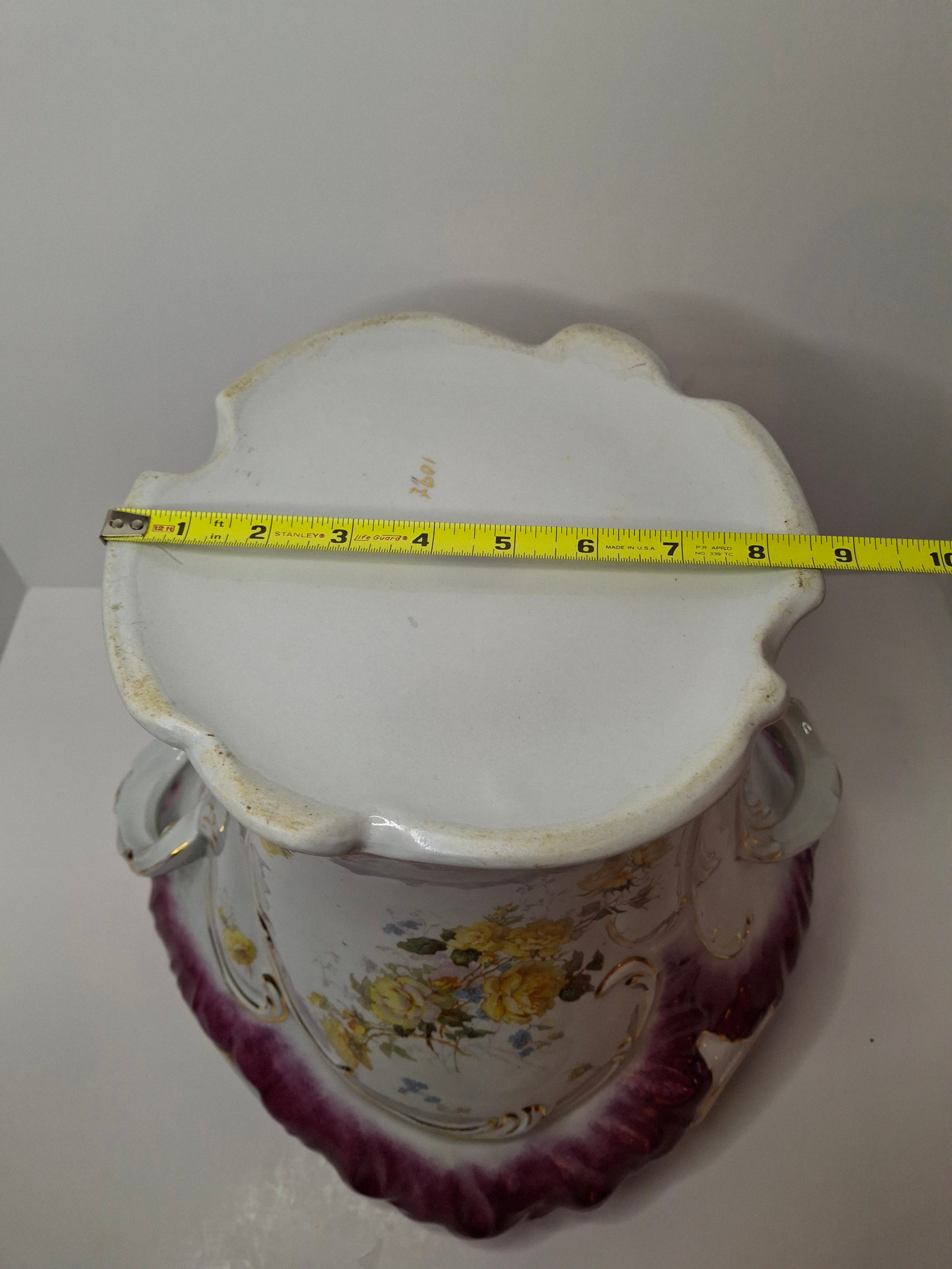 Antique Victorian Porcelain Jardinière Planter Centerpiece Yellow Roses Gold Gilt Plum 11"