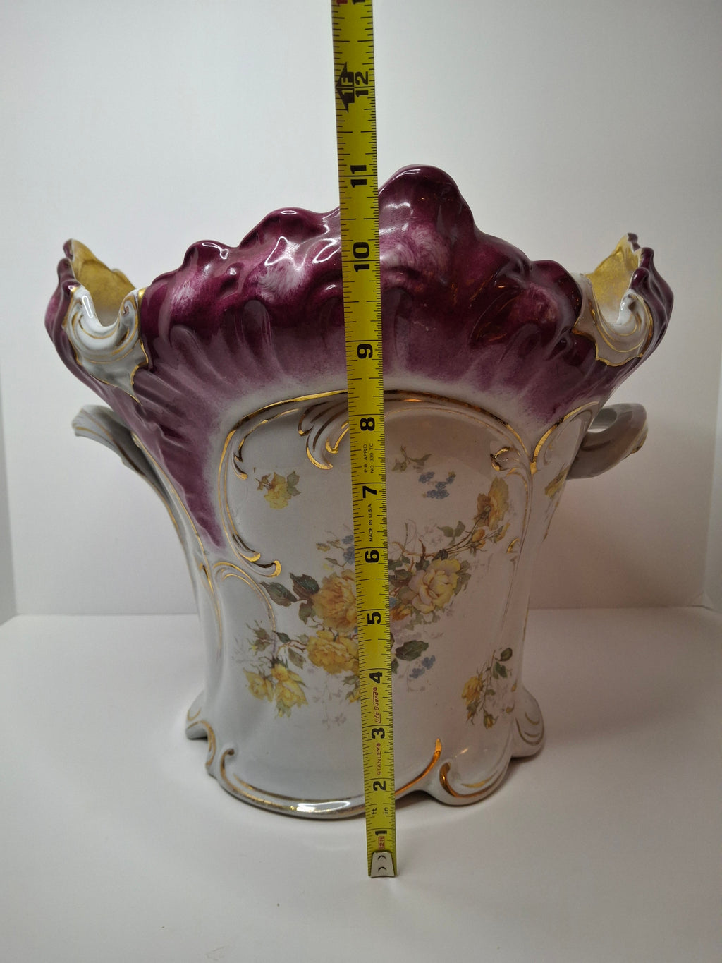 Antique Victorian Porcelain Jardinière Planter Centerpiece Yellow Roses Gold Gilt Plum 11"
