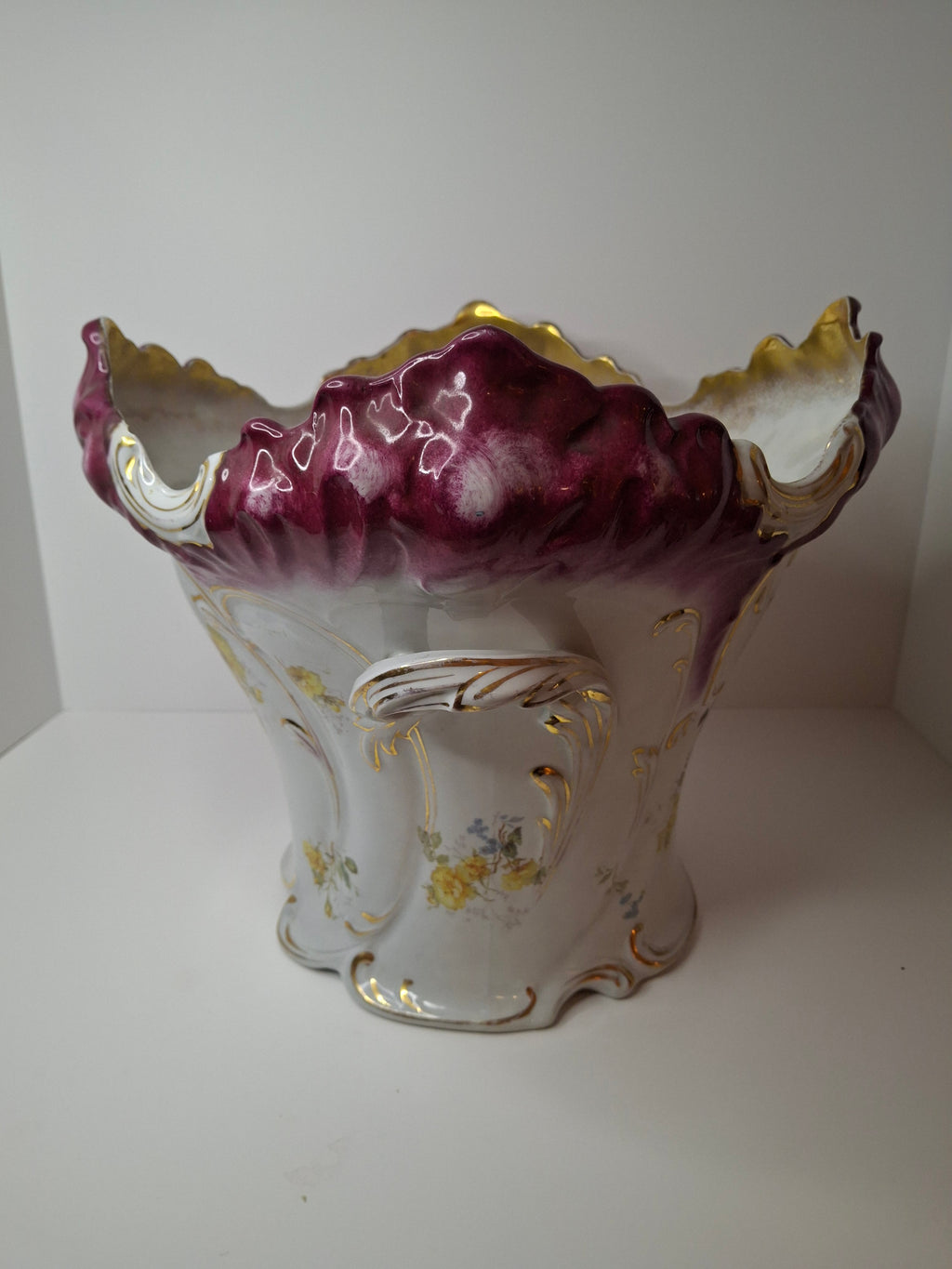 Antique Victorian Porcelain Jardinière Planter Centerpiece Yellow Roses Gold Gilt Plum 11"