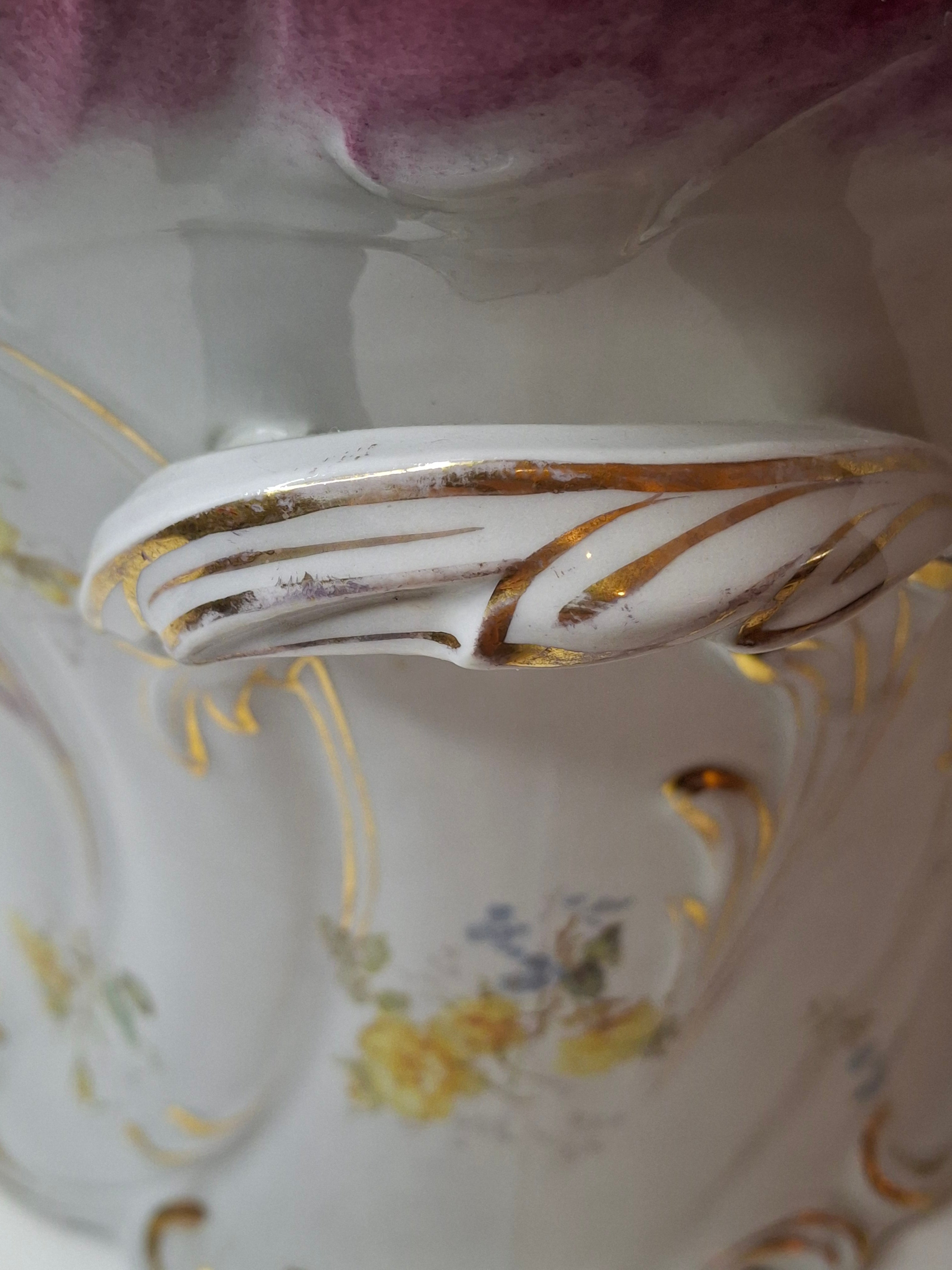Antique Victorian Porcelain Jardinière Planter Centerpiece Yellow Roses Gold Gilt Plum 11"