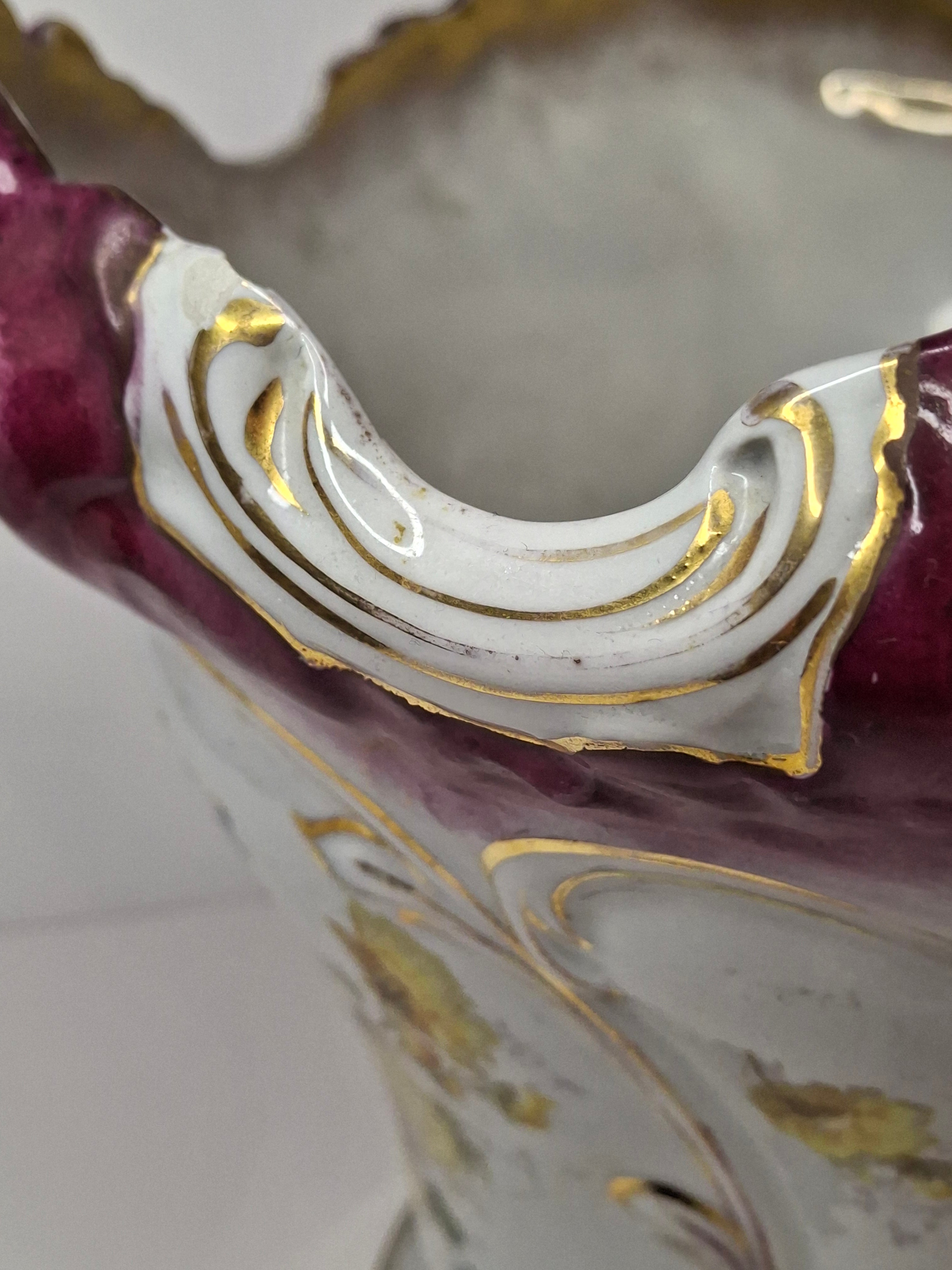 Antique Victorian Porcelain Jardinière Planter Centerpiece Yellow Roses Gold Gilt Plum 11"