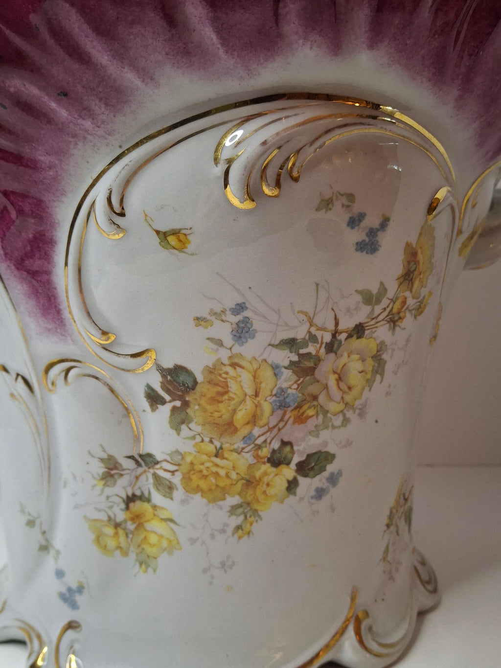 Antique Victorian Porcelain Jardinière Planter Centerpiece Yellow Roses Gold Gilt Plum 11"