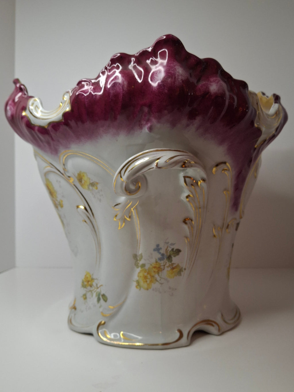 Antique Victorian Porcelain Jardinière Planter Centerpiece Yellow Roses Gold Gilt Plum 11"