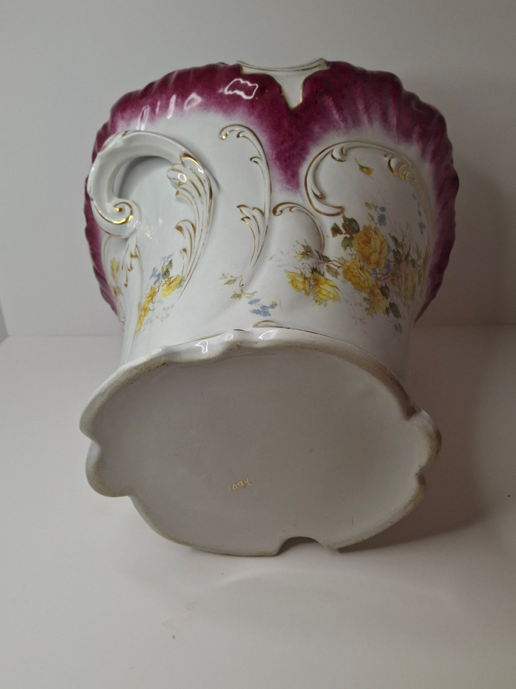Antique Victorian Porcelain Jardinière Planter Centerpiece Yellow Roses Gold Gilt Plum 11"