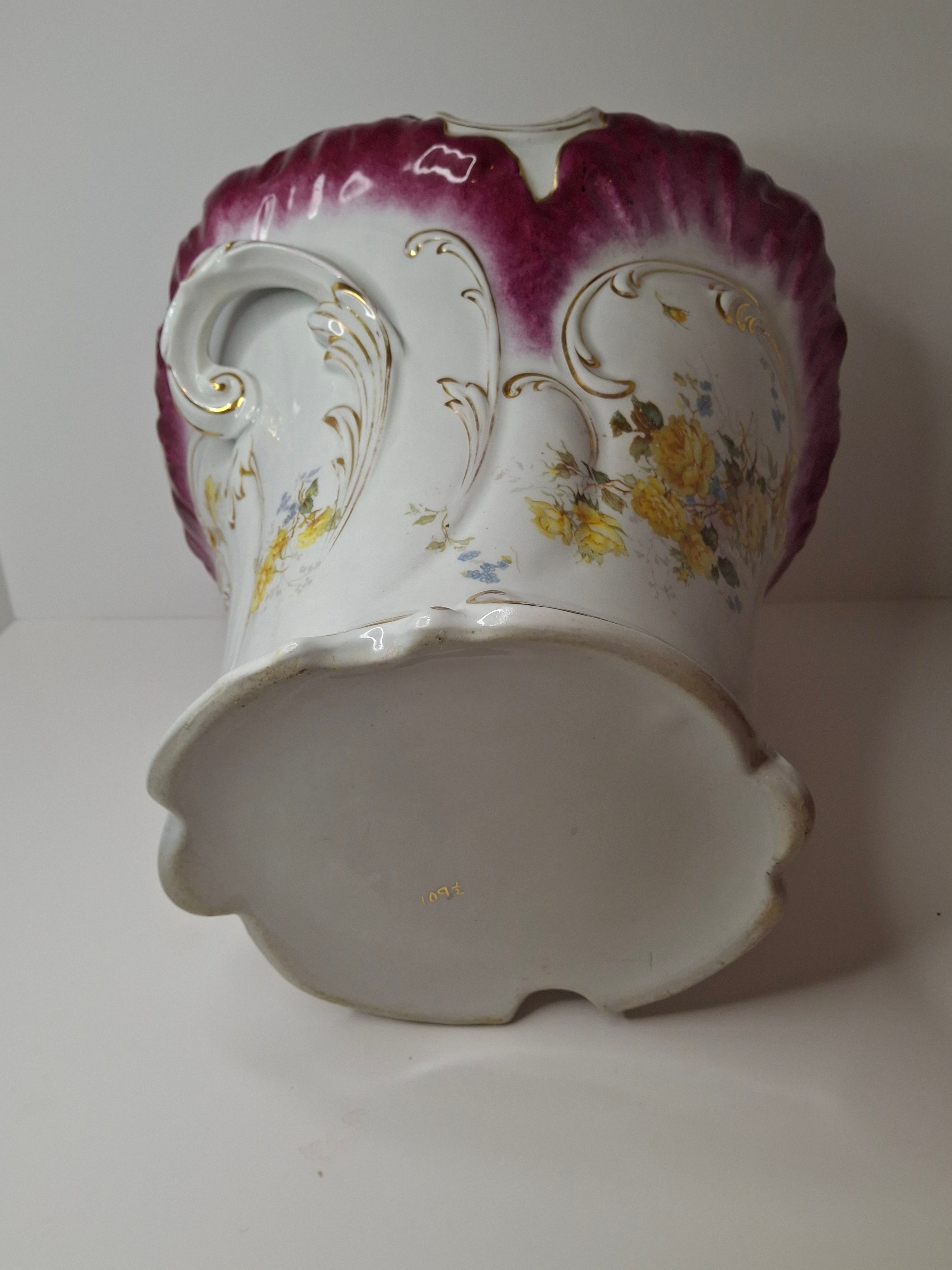 Antique Victorian Porcelain Jardinière Planter Centerpiece Yellow Roses Gold Gilt Plum 11"