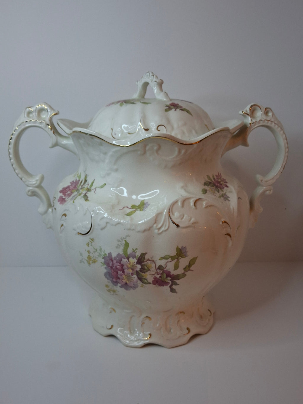 Antique Johnson Bros England Slop Jar Chamber Pot & Lid Victorian Floral Gold 12.5"