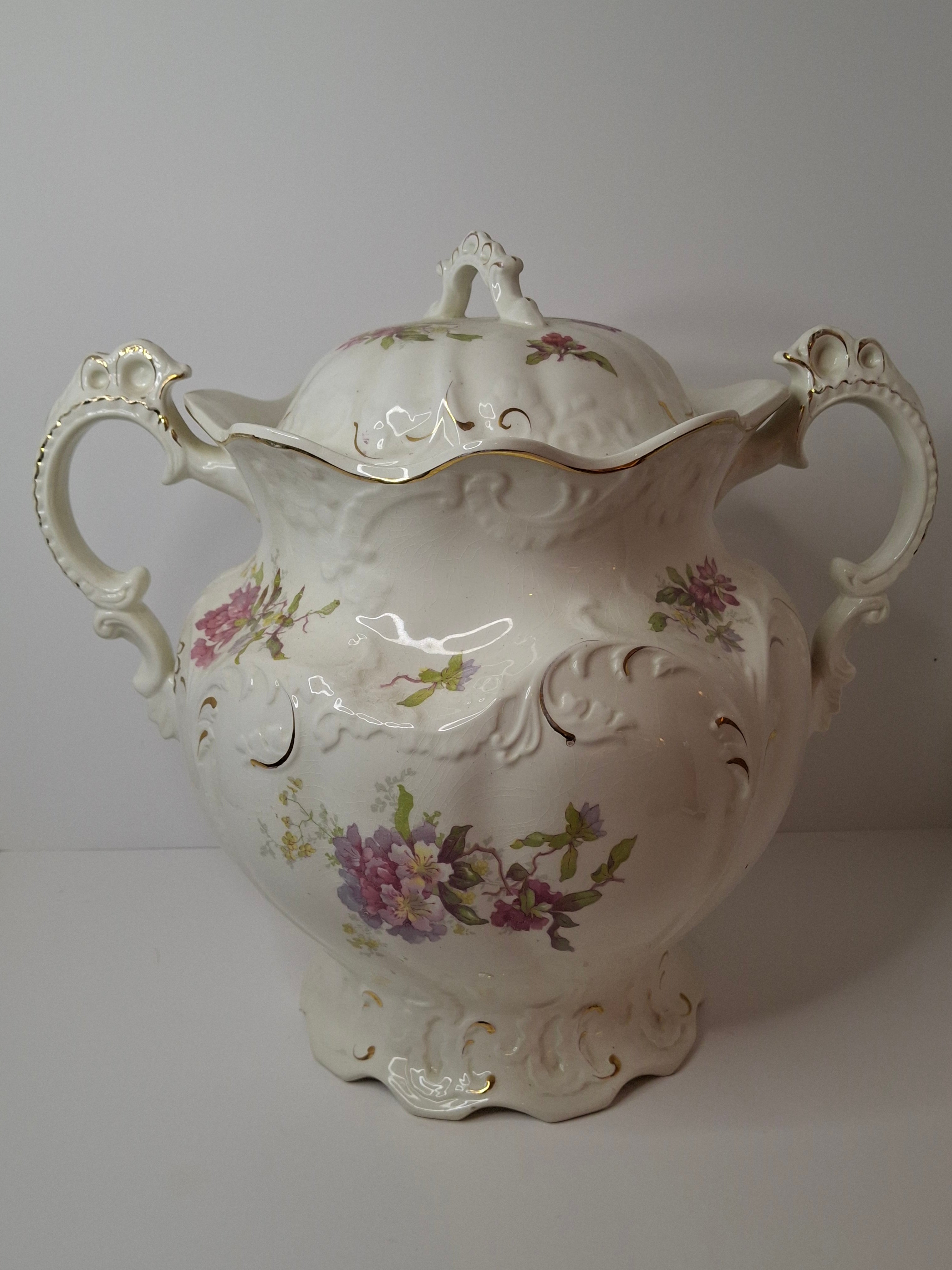 Antique Johnson Bros England Slop Jar Chamber Pot & Lid Victorian Floral Gold 12.5"