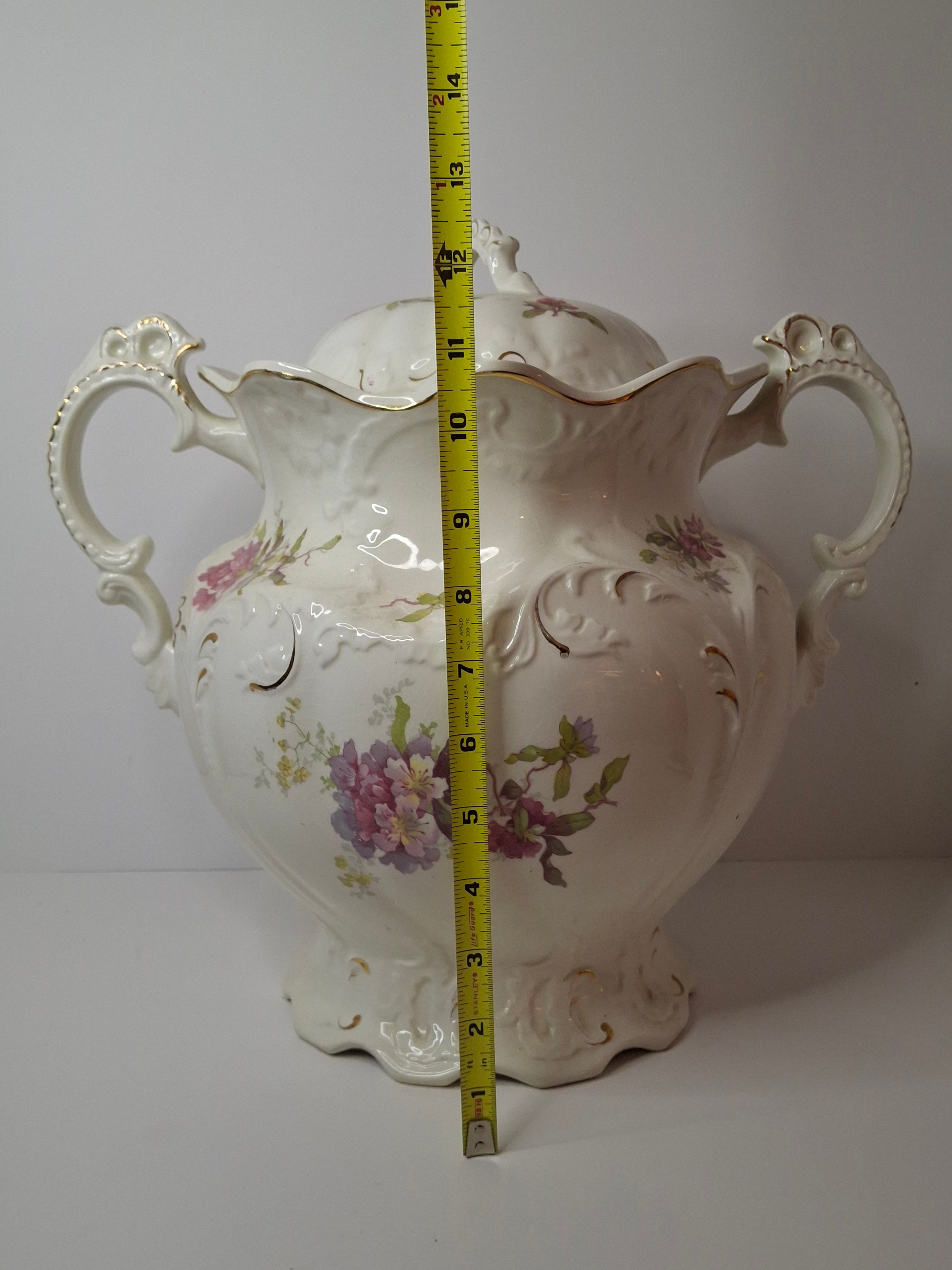 Antique Johnson Bros England Slop Jar Chamber Pot & Lid Victorian Floral Gold 12.5"