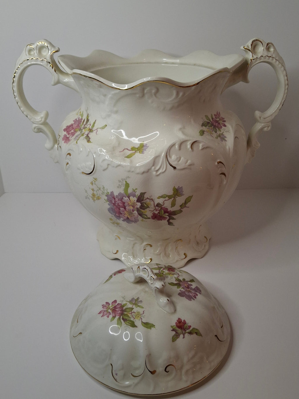 Antique Johnson Bros England Slop Jar Chamber Pot & Lid Victorian Floral Gold 12.5"