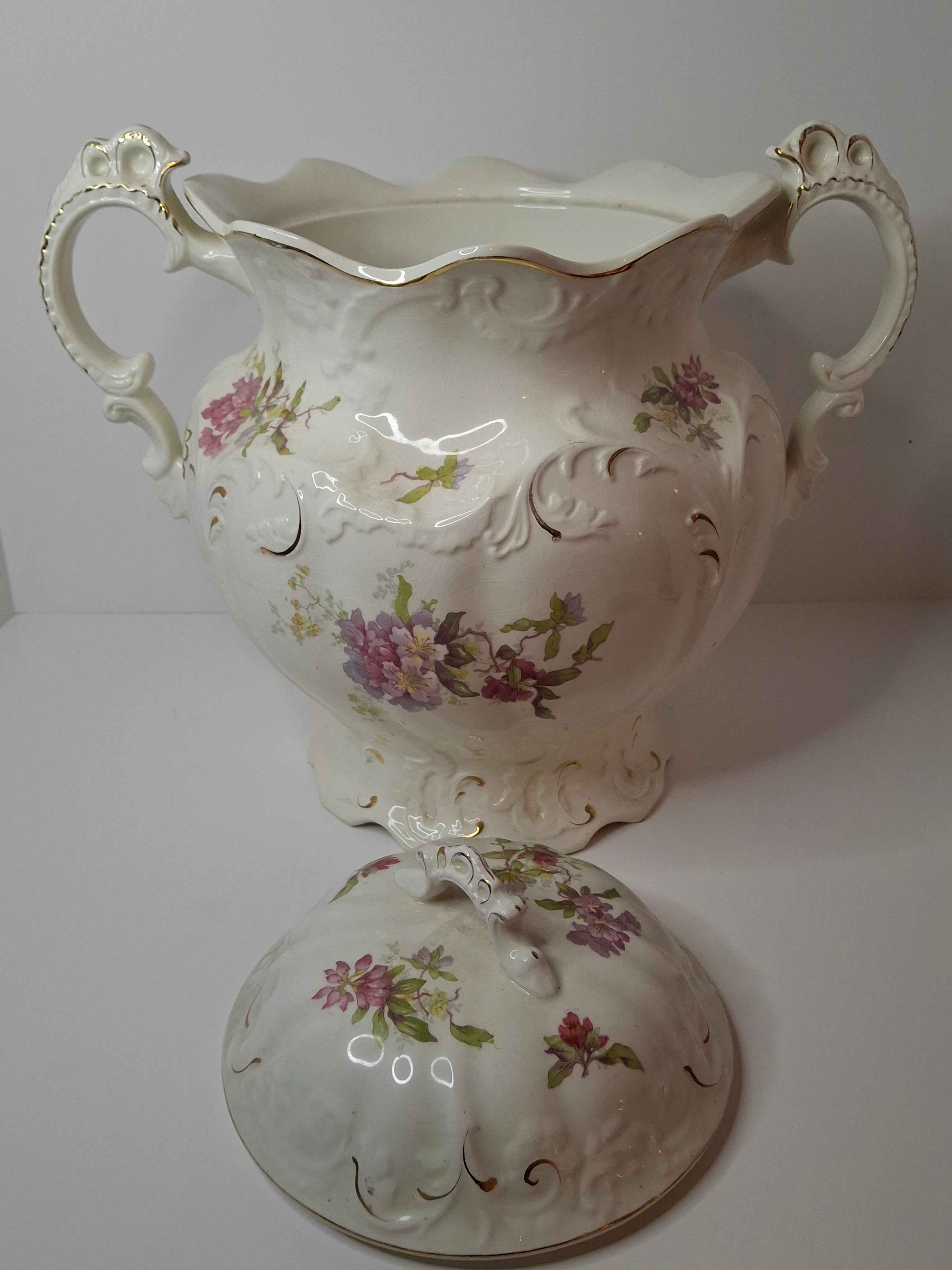 Antique Johnson Bros England Slop Jar Chamber Pot & Lid Victorian Floral Gold 12.5"
