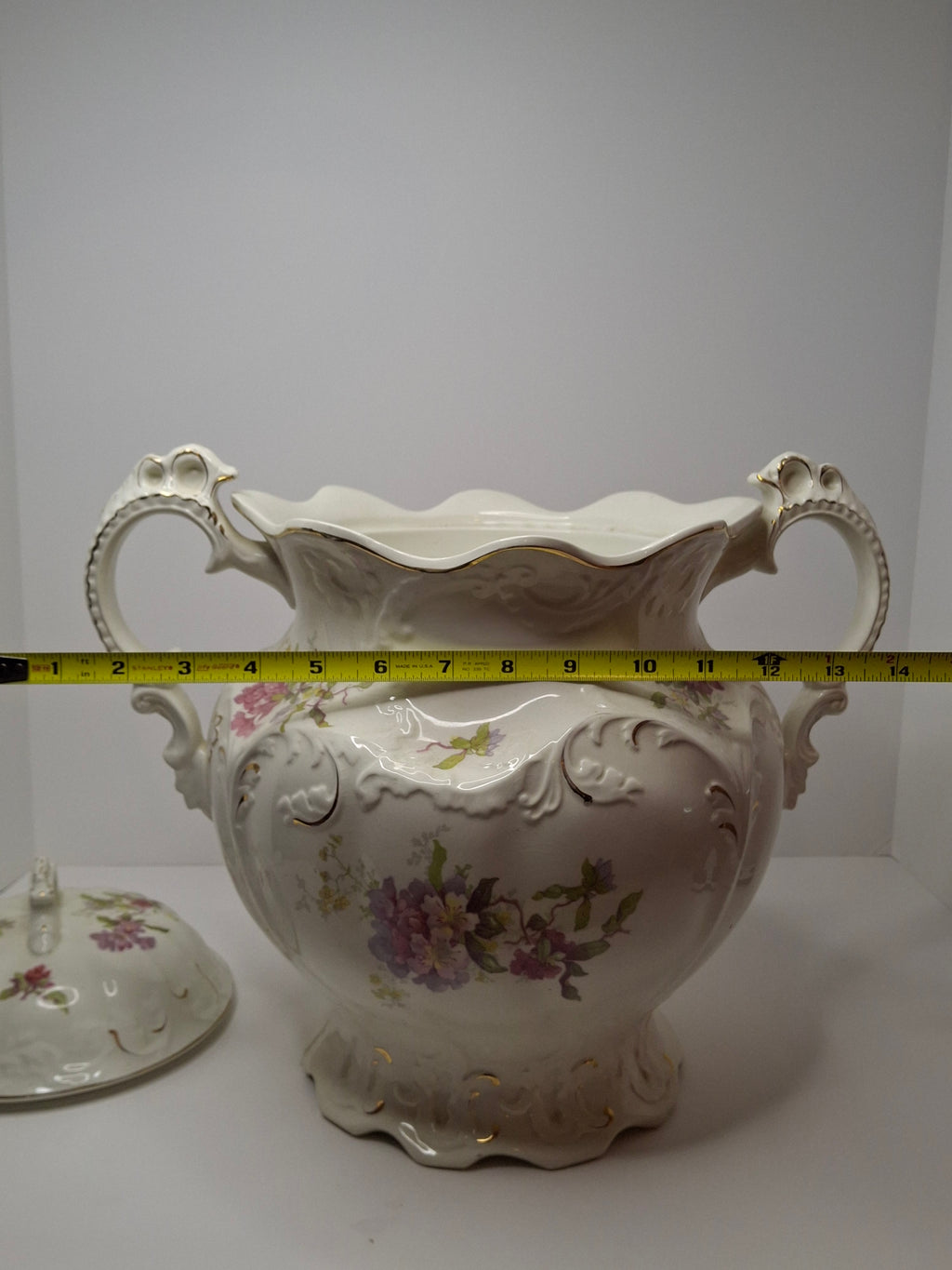 Antique Johnson Bros England Slop Jar Chamber Pot & Lid Victorian Floral Gold 12.5"