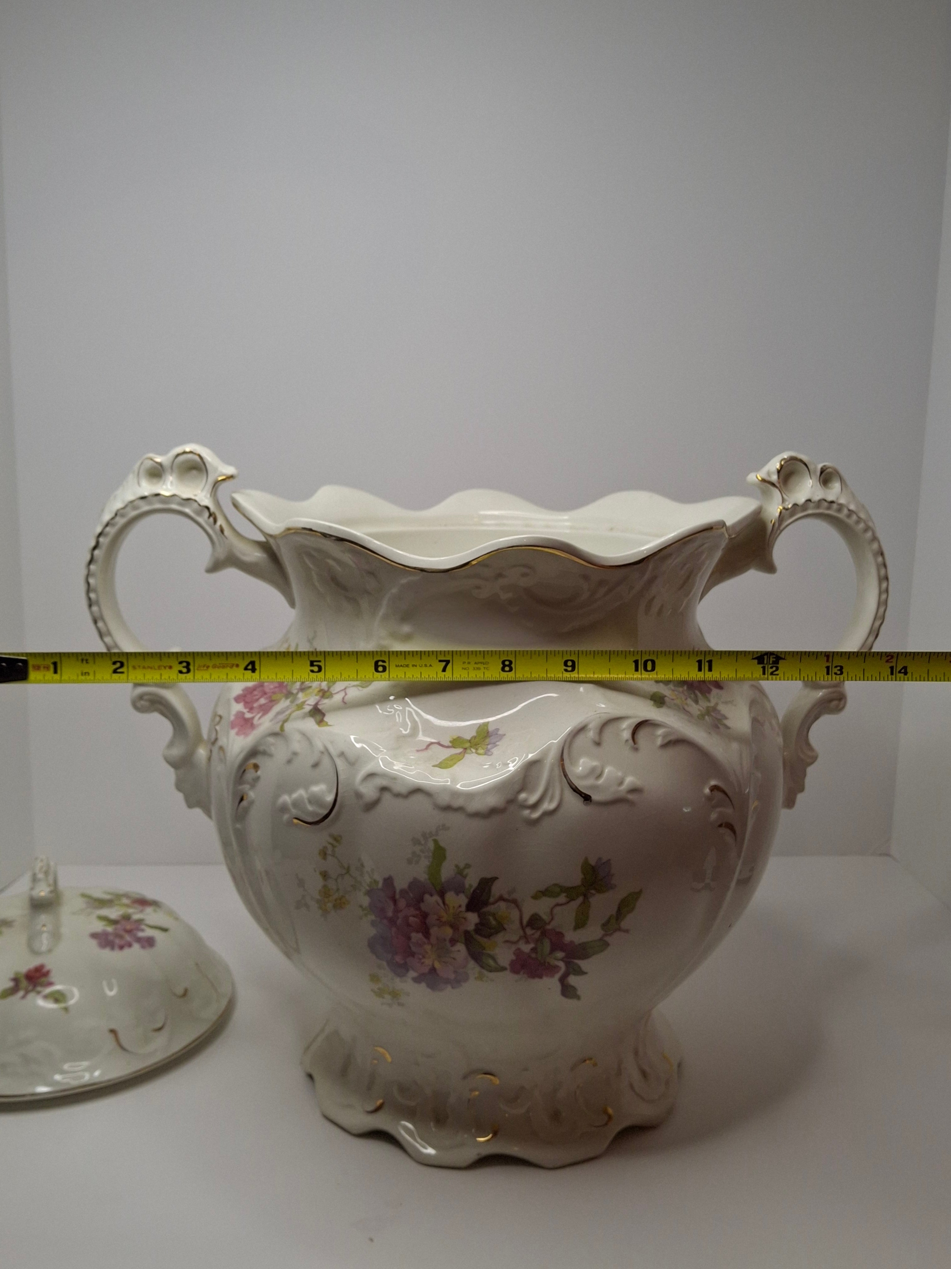 Antique Johnson Bros England Slop Jar Chamber Pot & Lid Victorian Floral Gold 12.5"