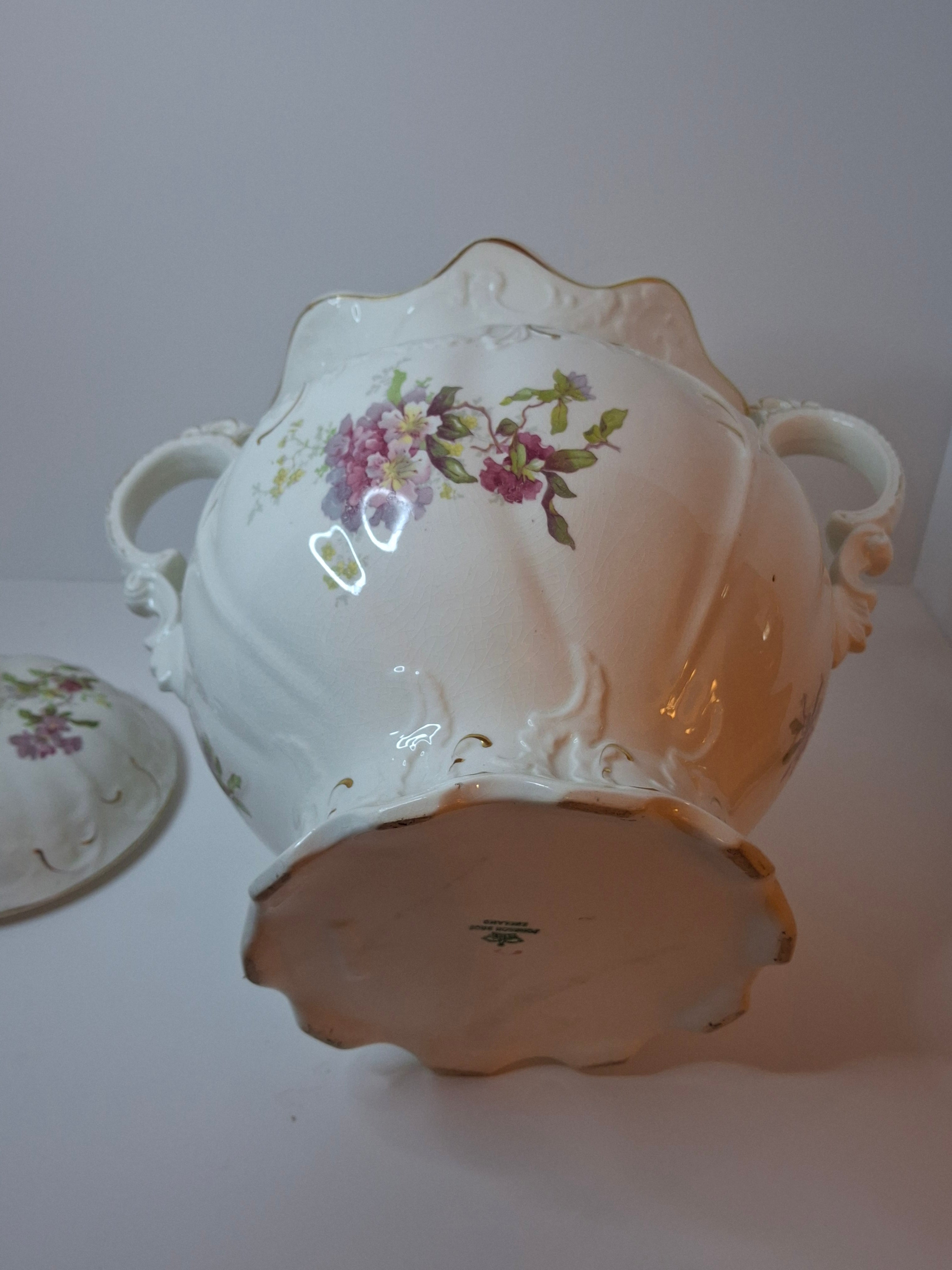 Antique Johnson Bros England Slop Jar Chamber Pot & Lid Victorian Floral Gold 12.5"