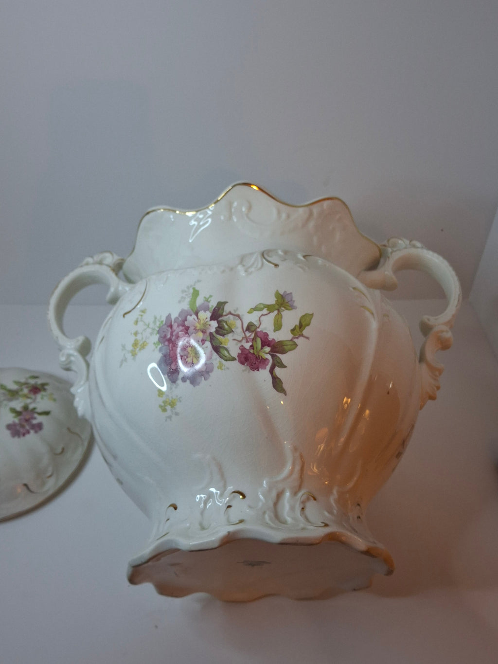 Antique Johnson Bros England Slop Jar Chamber Pot & Lid Victorian Floral Gold 12.5"