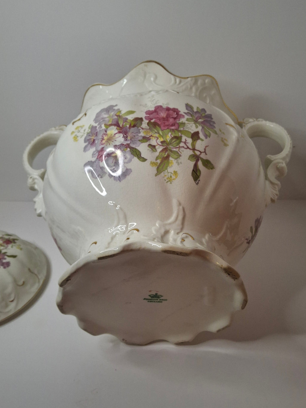 Antique Johnson Bros England Slop Jar Chamber Pot & Lid Victorian Floral Gold 12.5"