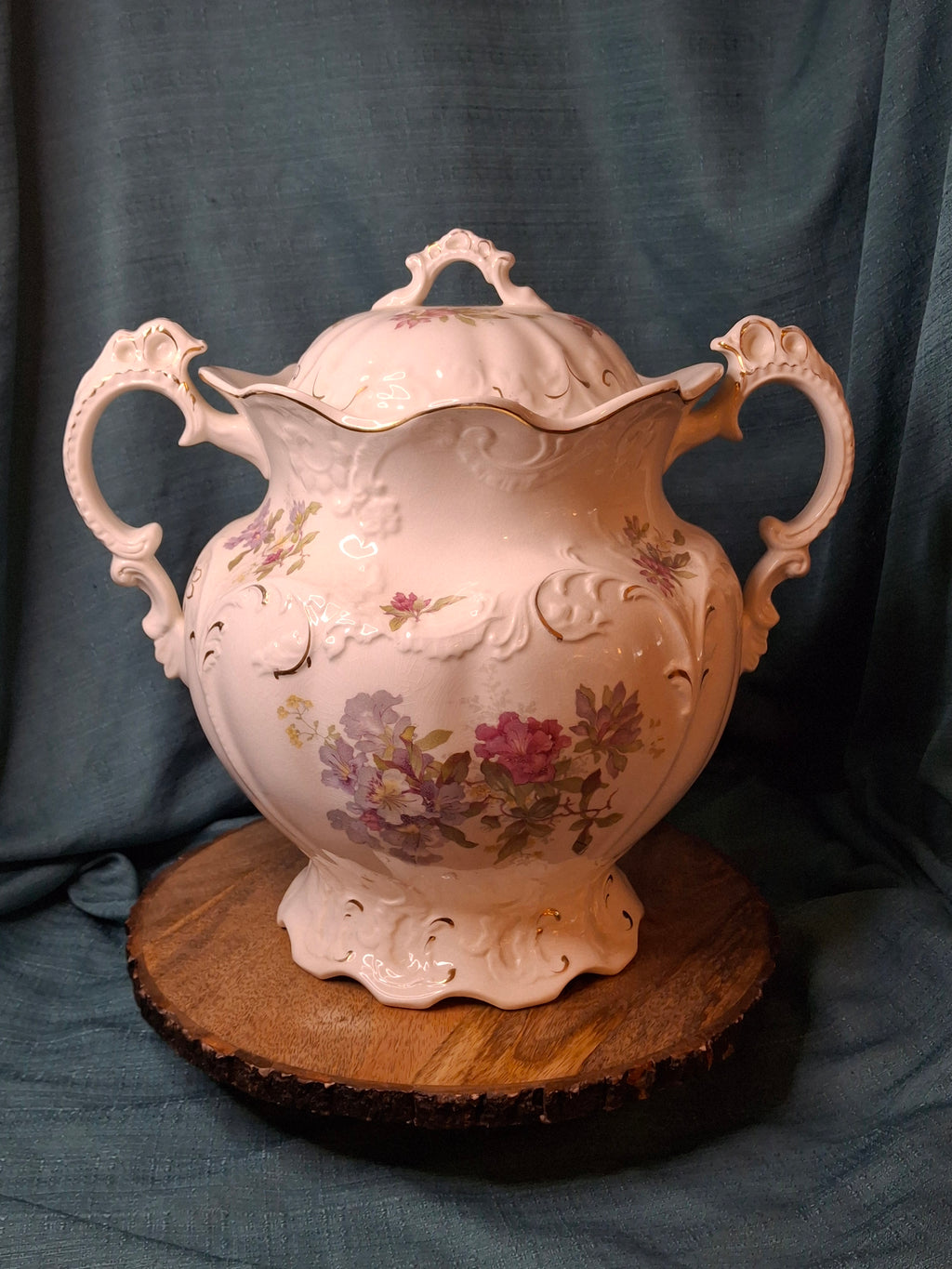 Antique Johnson Bros England Slop Jar Chamber Pot & Lid Victorian Floral Gold 12.5"