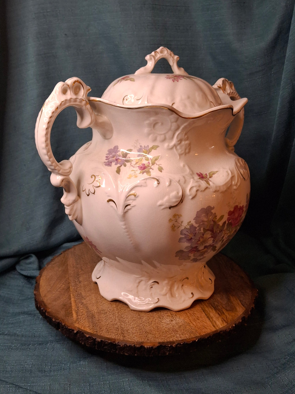 Antique Johnson Bros England Slop Jar Chamber Pot & Lid Victorian Floral Gold 12.5"