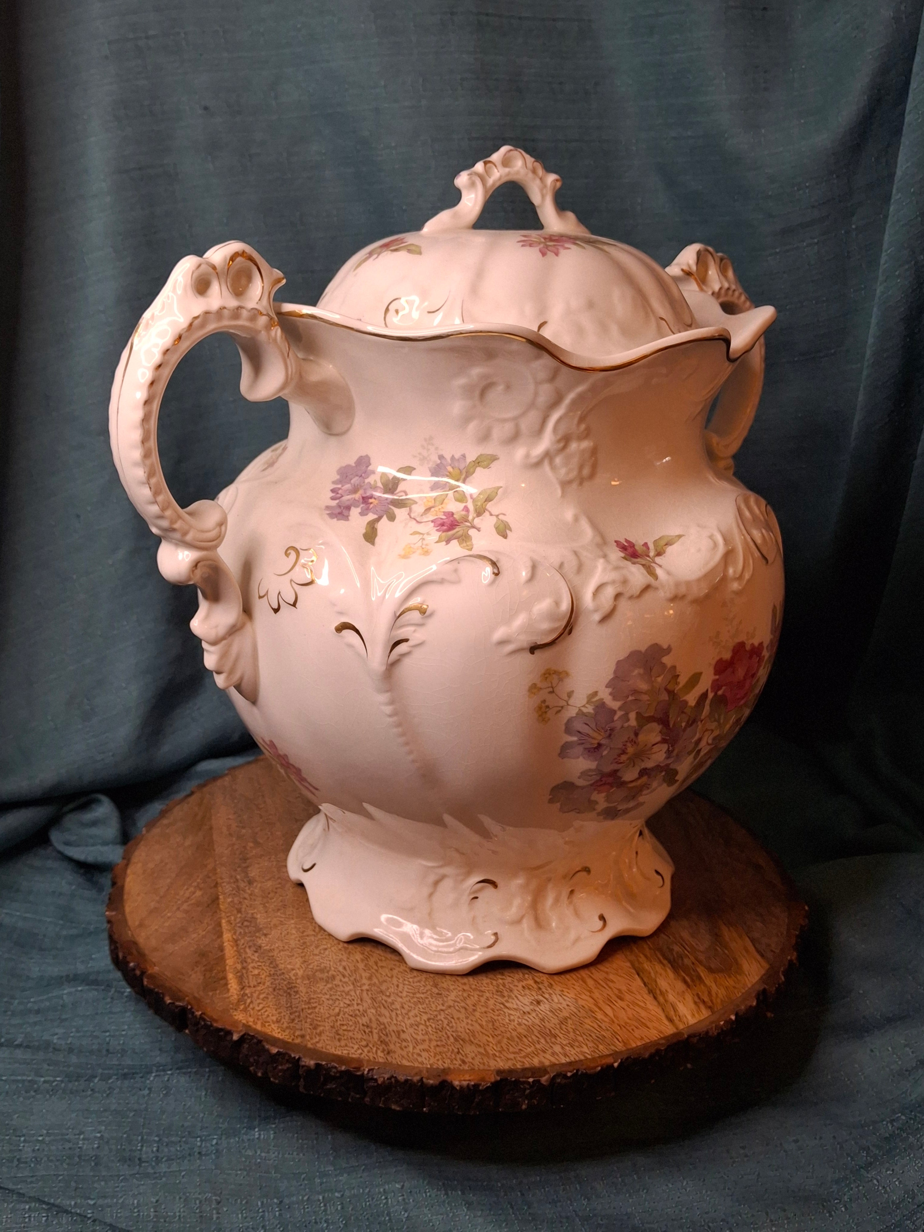 Antique Johnson Bros England Slop Jar Chamber Pot & Lid Victorian Floral Gold 12.5"